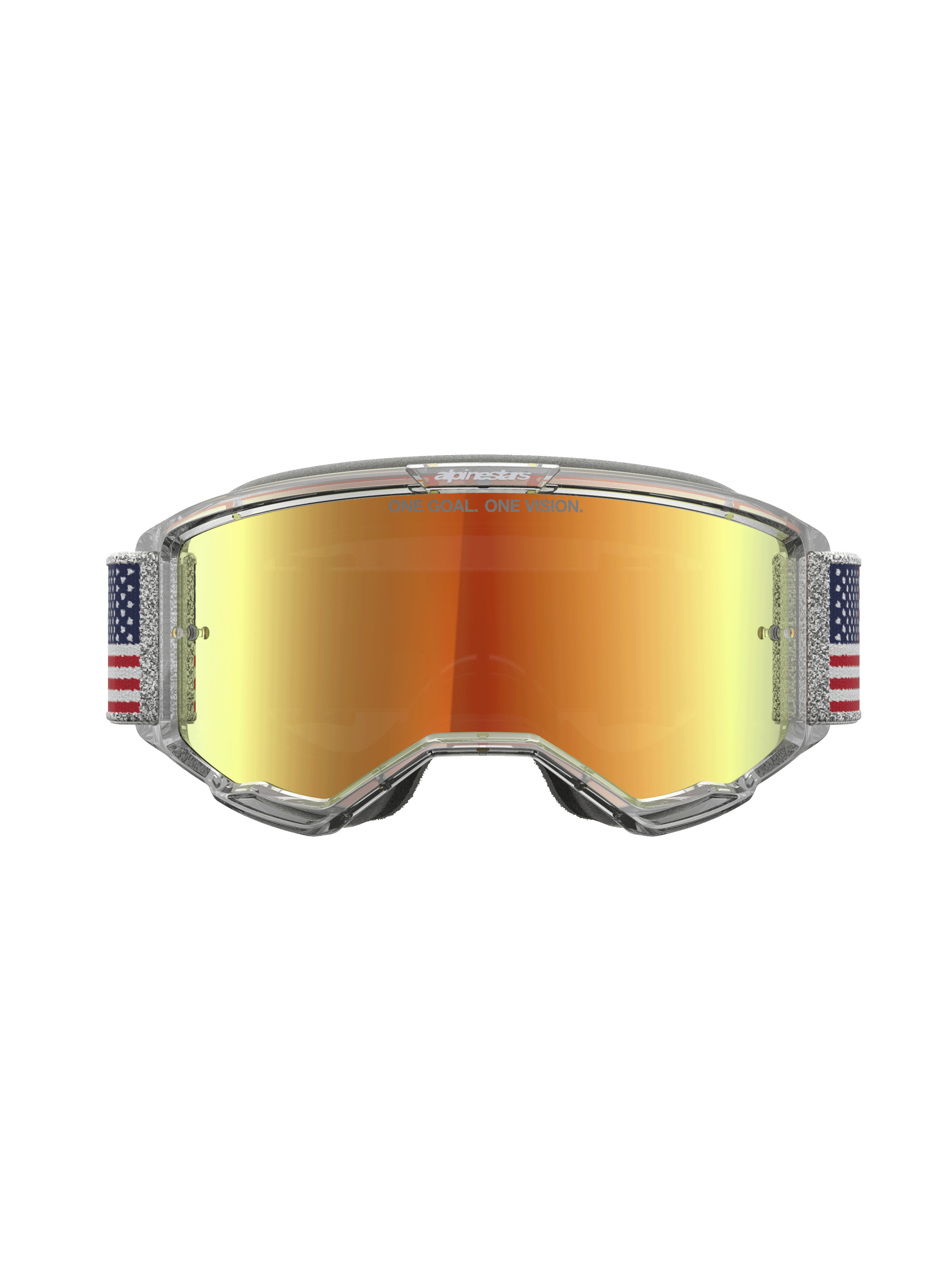 Alpinestars Vision 5 Le Fiftyfold goggles, motocrossgoggles med röd spegellins, blå och vit flaggmönstrad rem och klar A-FLEX-ram.