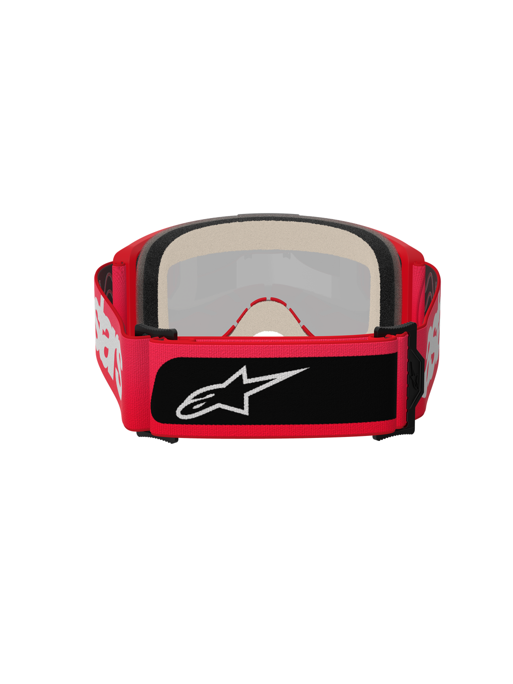Alpinestars Vision 5 Blaze-glasögon, motocrossglasögon, röda, vy bakifrån med tjockt flerskiktsskum och en bred justerbar rem med vita Alpinestars-bokstäver och en svart logotypetikett