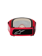 Alpinestars Vision 5 Blaze-glasögon, motocrossglasögon, röda, vy bakifrån med tjockt flerskiktsskum och en bred justerbar rem med vita Alpinestars-bokstäver och en svart logotypetikett
