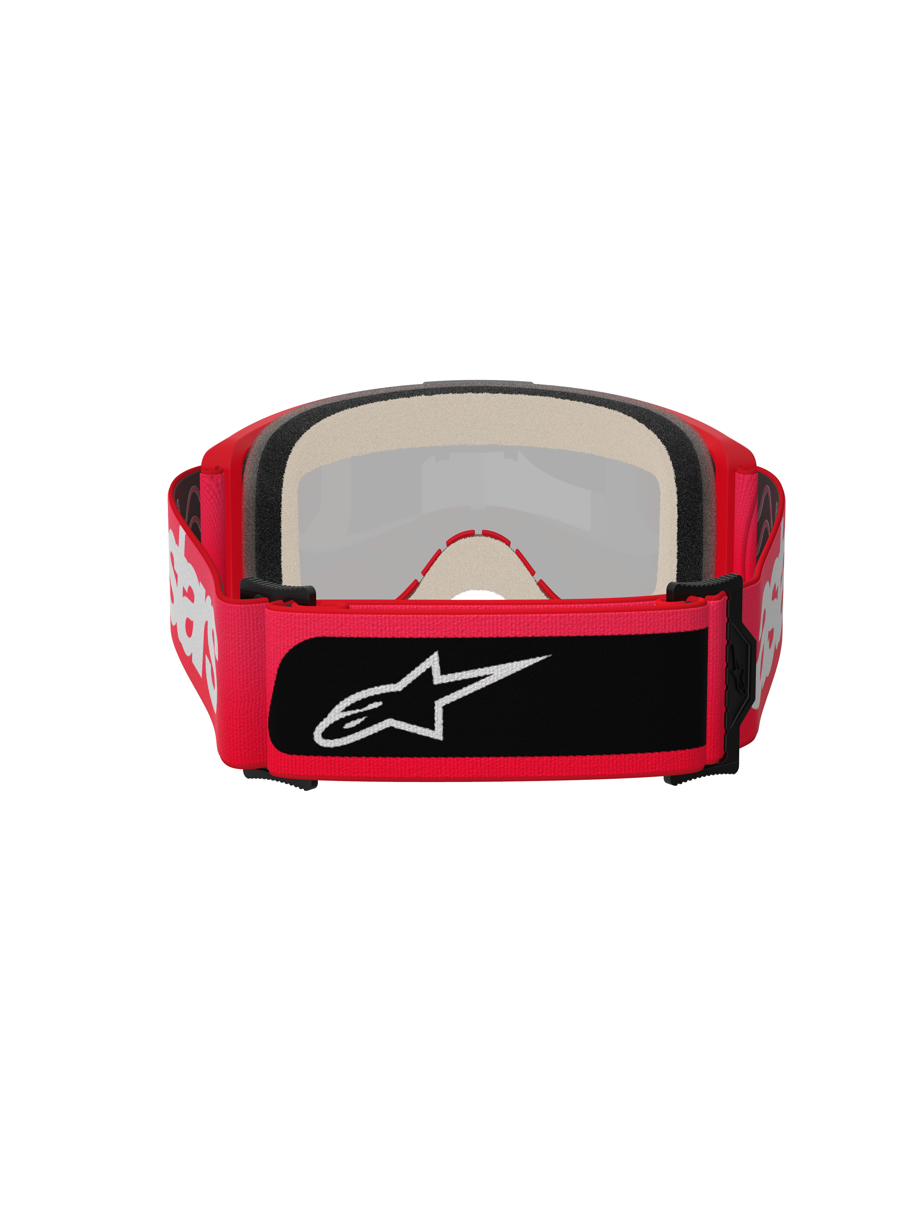 Alpinestars Vision 5 Blaze-glasögon, motocrossglasögon, röda, vy bakifrån med tjockt flerskiktsskum och en bred justerbar rem med vita Alpinestars-bokstäver och en svart logotypetikett