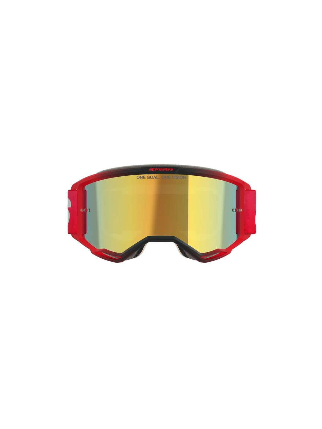 Alpinestars Vision 5 Blaze-glasögon, motocrossglasögon, röd ram med guldspegellins, har texten "ONE GOAL. ONE VISION." på linsen, rött elastiskt band med vit logotyp, professionellt ögonskydd för motocross