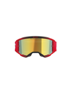 Alpinestars Vision 5 Blaze-glasögon, motocrossglasögon, röd ram med guldspegellins, har texten "ONE GOAL. ONE VISION." på linsen, rött elastiskt band med vit logotyp, professionellt ögonskydd för motocross