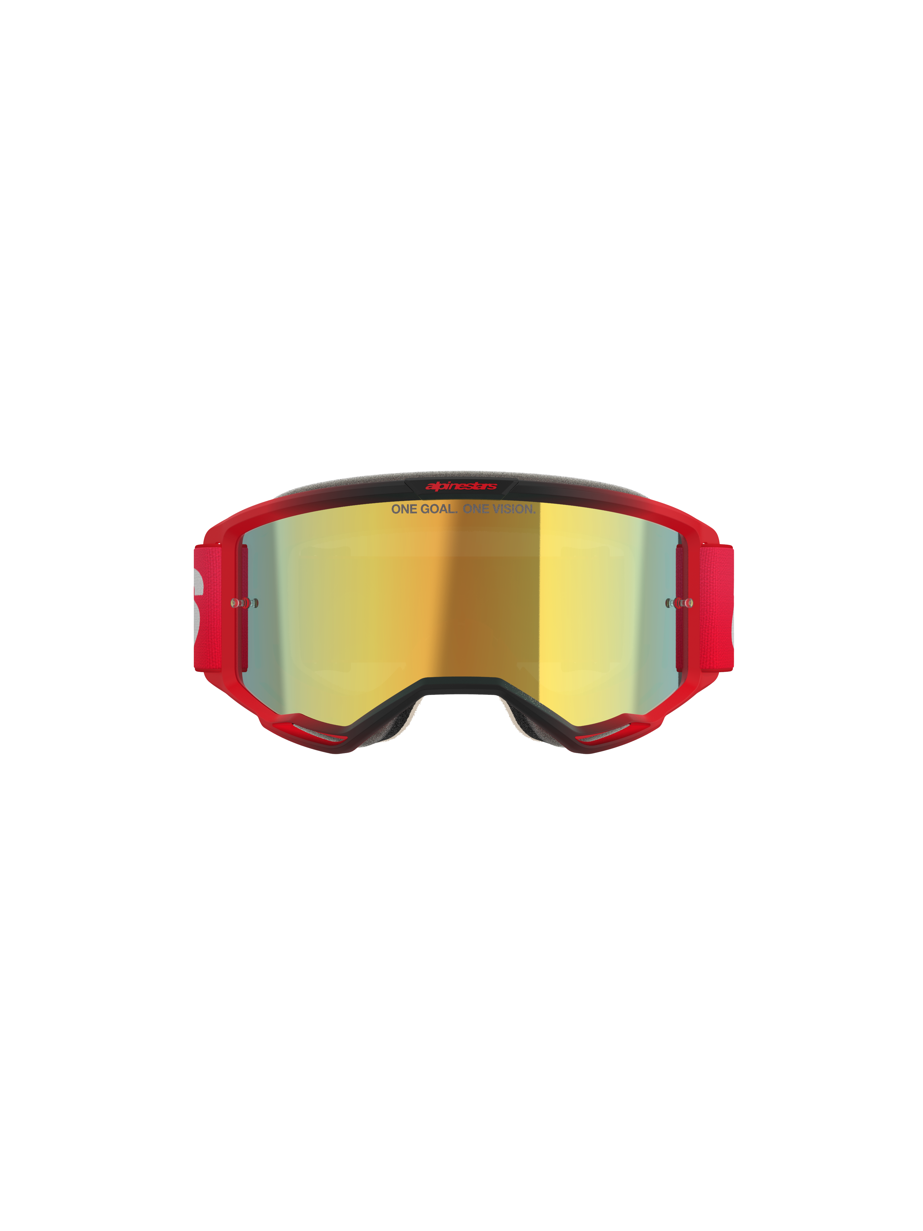 Alpinestars Vision 5 Blaze-glasögon, motocrossglasögon, röd ram med guldspegellins, har texten "ONE GOAL. ONE VISION." på linsen, rött elastiskt band med vit logotyp, professionellt ögonskydd för motocross