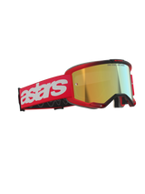 Alpinestars Vision 5 Blaze Goggles, motocrossglasögon, röda med guldspegellins, med ett rött vävt band med en stor vit astars-logotyp och texten 'ONE GOAL. ONE VISION.' på linsen, högpresterande ögonskydd för terrängkörning