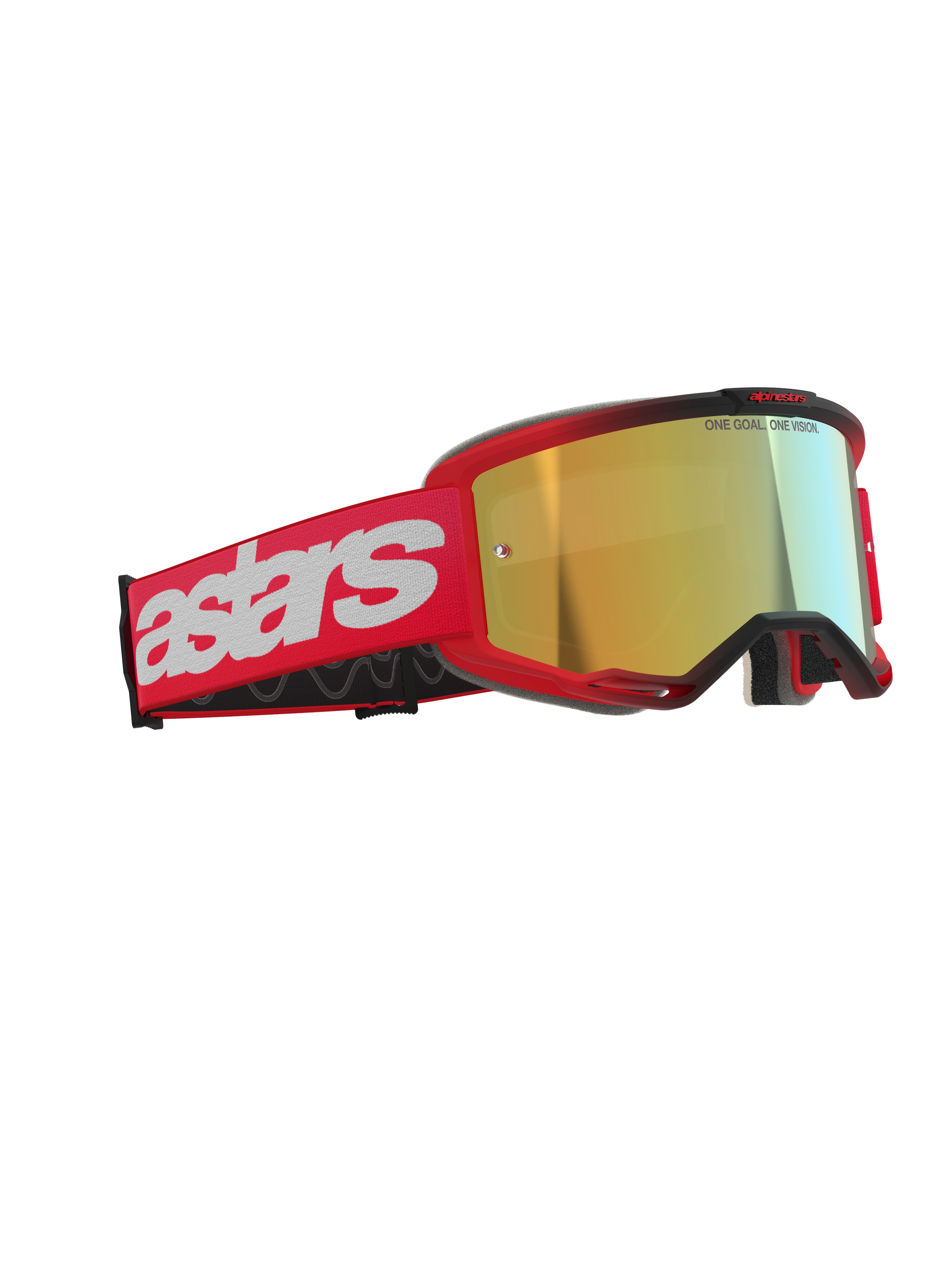 Alpinestars Vision 5 Blaze Goggles, motocrossglasögon, röda med guldspegellins, med ett rött vävt band med en stor vit astars-logotyp och texten 'ONE GOAL. ONE VISION.' på linsen, högpresterande ögonskydd för terrängkörning