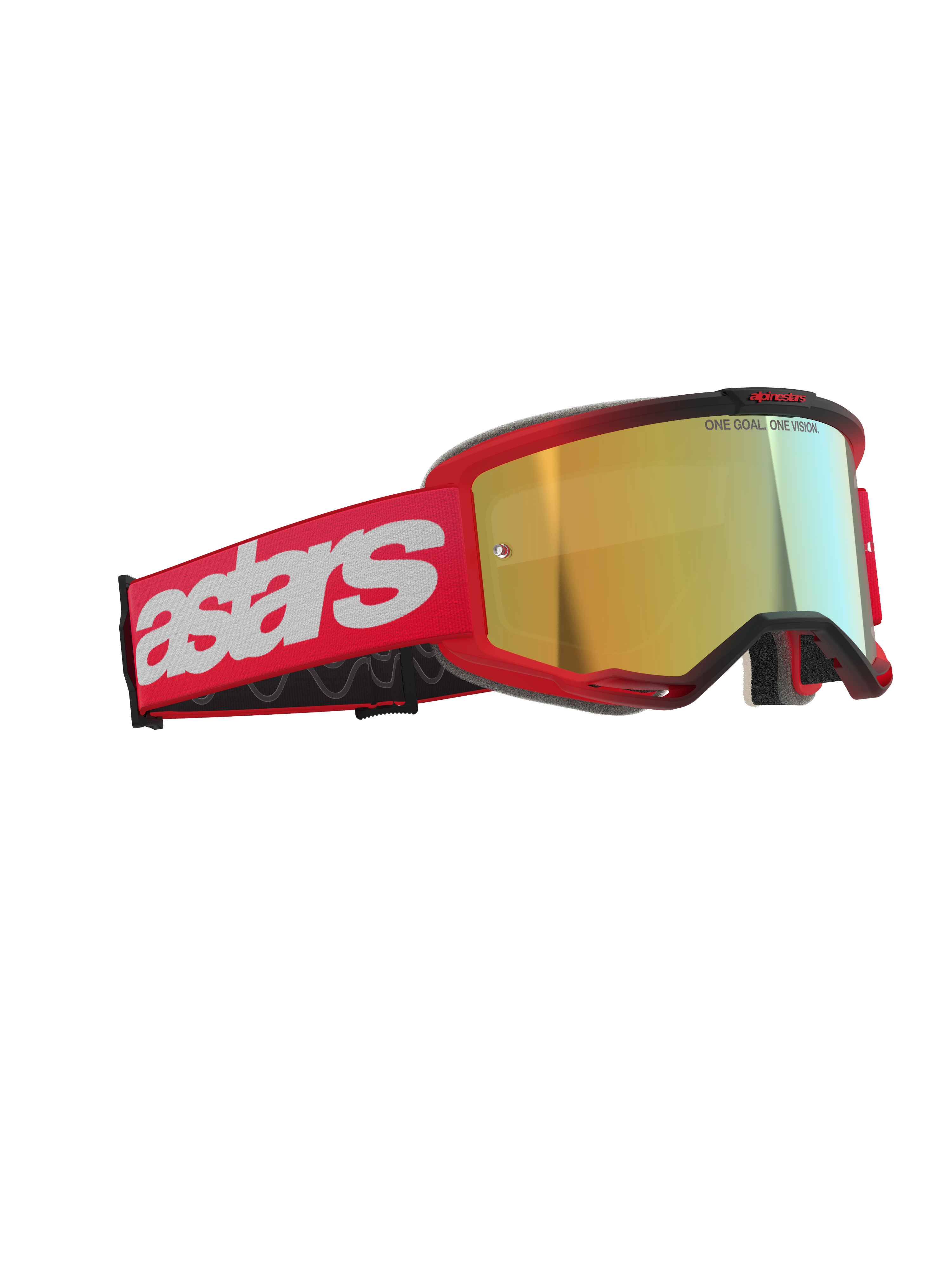Alpinestars Vision 5 Blaze Goggles, motocrossglasögon, röda med guldspegellins, med ett rött vävt band med en stor vit astars-logotyp och texten 'ONE GOAL. ONE VISION.' på linsen, högpresterande ögonskydd för terrängkörning