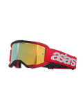 Alpinestars Vision 5 Blaze Goggles, motocrossglasögon, röd ram och rem med Mirror Gold-lins, vit astars-logotyp på sidan, lätt A-FLEX-ram med flerskiktsskum för ansiktet för terrängkörning