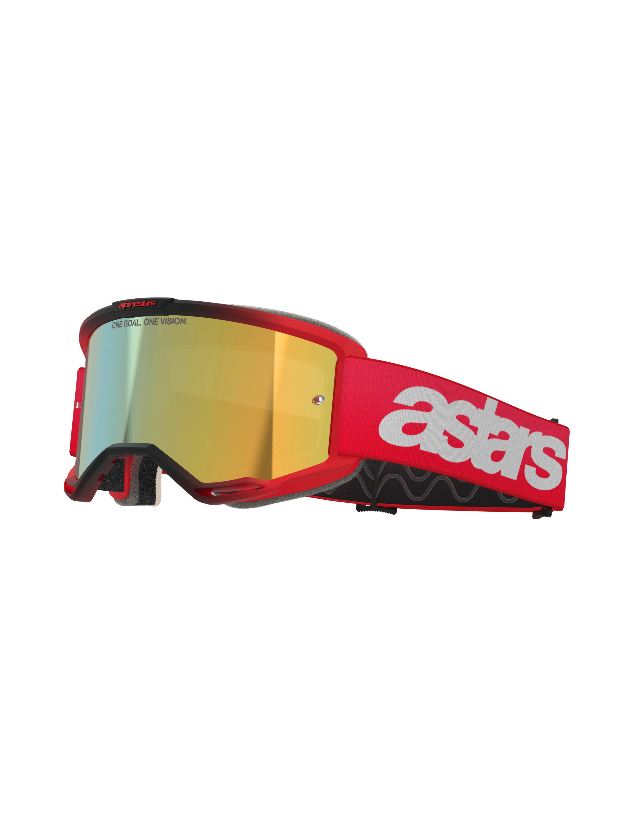 Alpinestars Vision 5 Blaze Goggles, motocrossglasögon, röd ram och rem med Mirror Gold-lins, vit astars-logotyp på sidan, lätt A-FLEX-ram med flerskiktsskum för ansiktet för terrängkörning