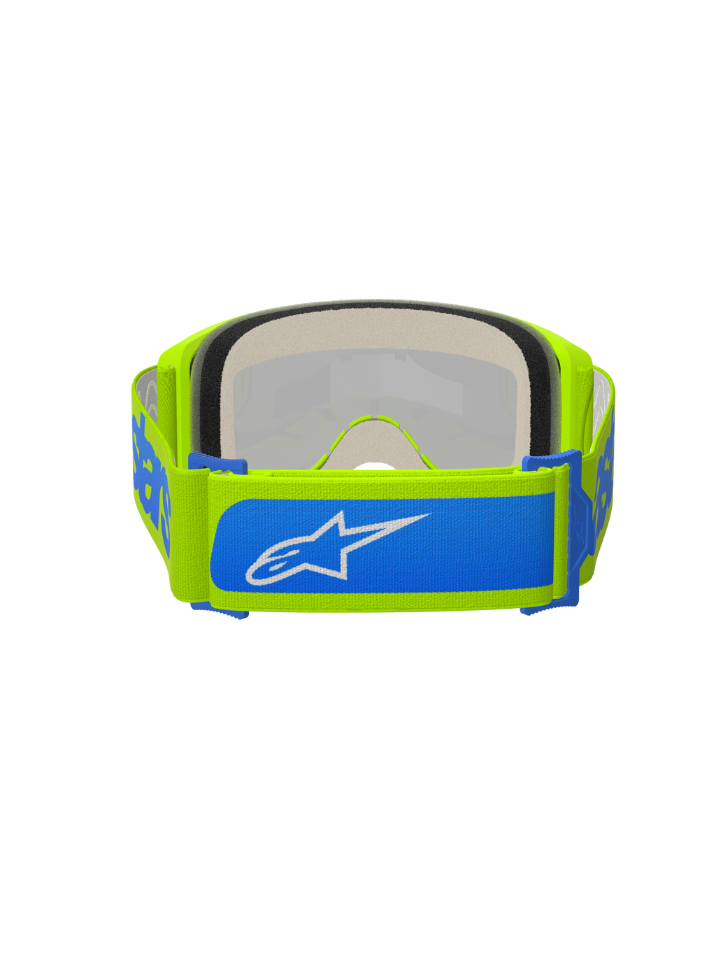 Alpinestars Vision 5 Blaze Goggles, motocrossglasögon, fluorgula och blå, vy bakifrån som visar justerbar 45 mm vävd rem med blå detaljer och vit Alpinestars-logotyp, tjockt flerskiktsskum, designade för terrängkörning