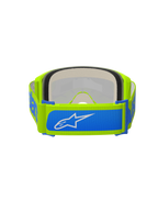 Alpinestars Vision 5 Blaze Goggles, motocrossglasögon, fluorgula och blå, vy bakifrån som visar justerbar 45 mm vävd rem med blå detaljer och vit Alpinestars-logotyp, tjockt flerskiktsskum, designade för terrängkörning