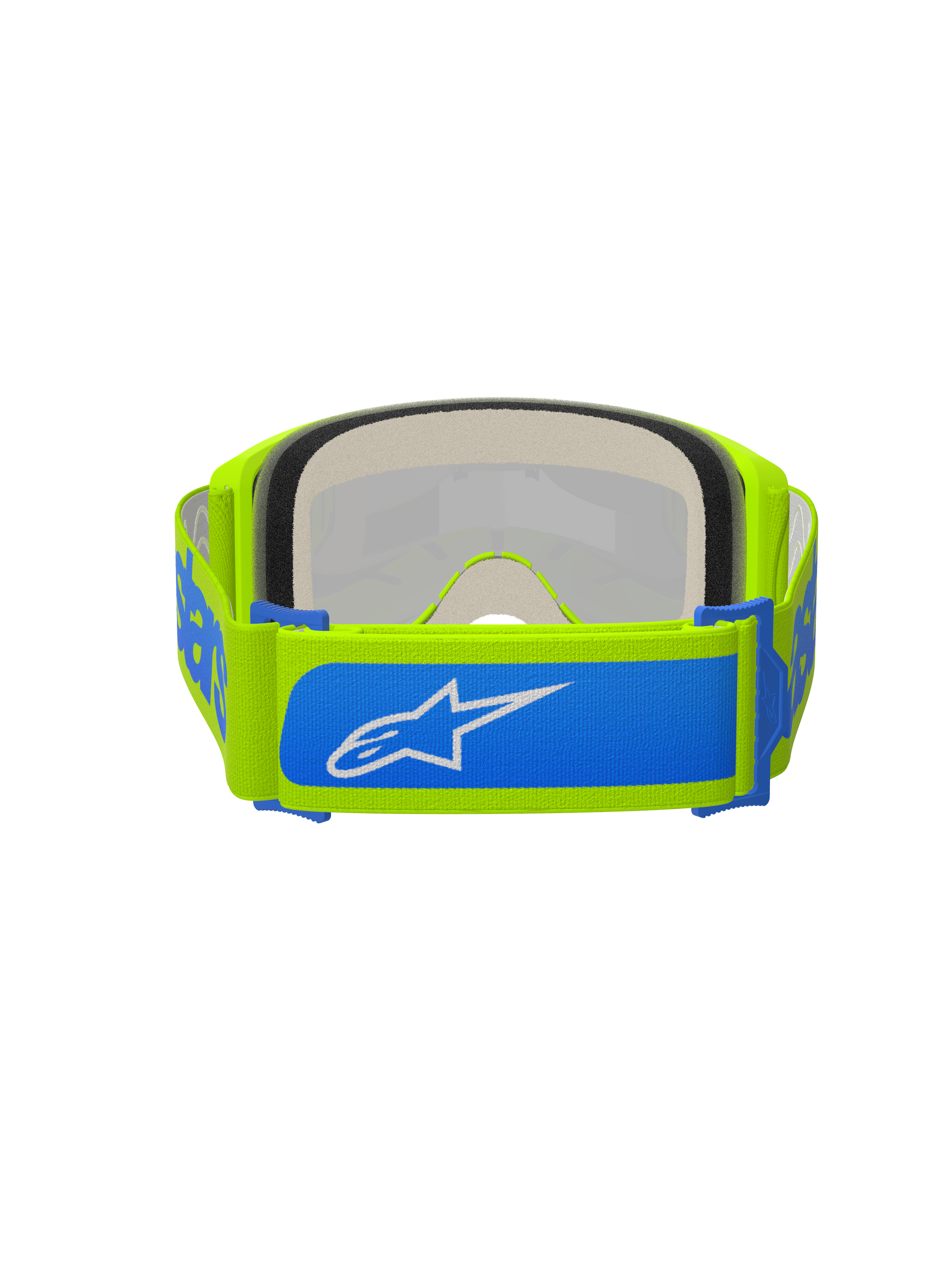 Alpinestars Vision 5 Blaze Goggles, motocrossglasögon, fluorgula och blå, vy bakifrån som visar justerbar 45 mm vävd rem med blå detaljer och vit Alpinestars-logotyp, tjockt flerskiktsskum, designade för terrängkörning