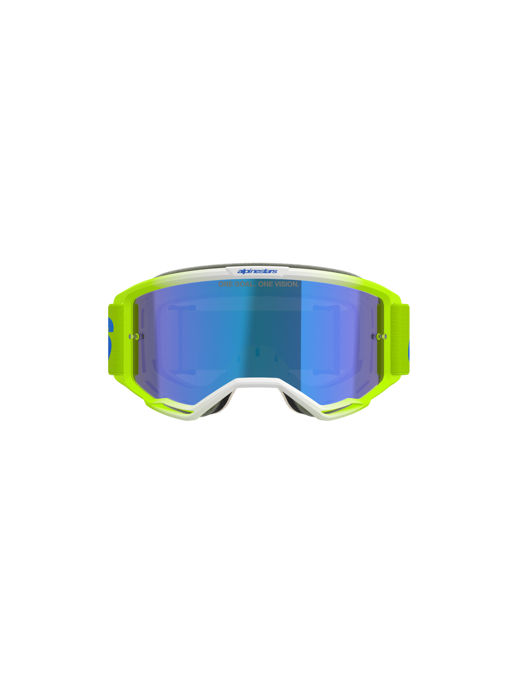 Alpinestars Vision 5 Blaze Goggles, motocrossglasögon, neongula och blå, med en blå spegellins, vita ramdetaljer och ett brett justerbart band med Alpinestars-logotyp, professionellt ögonskydd för terräng- och motocross-racing