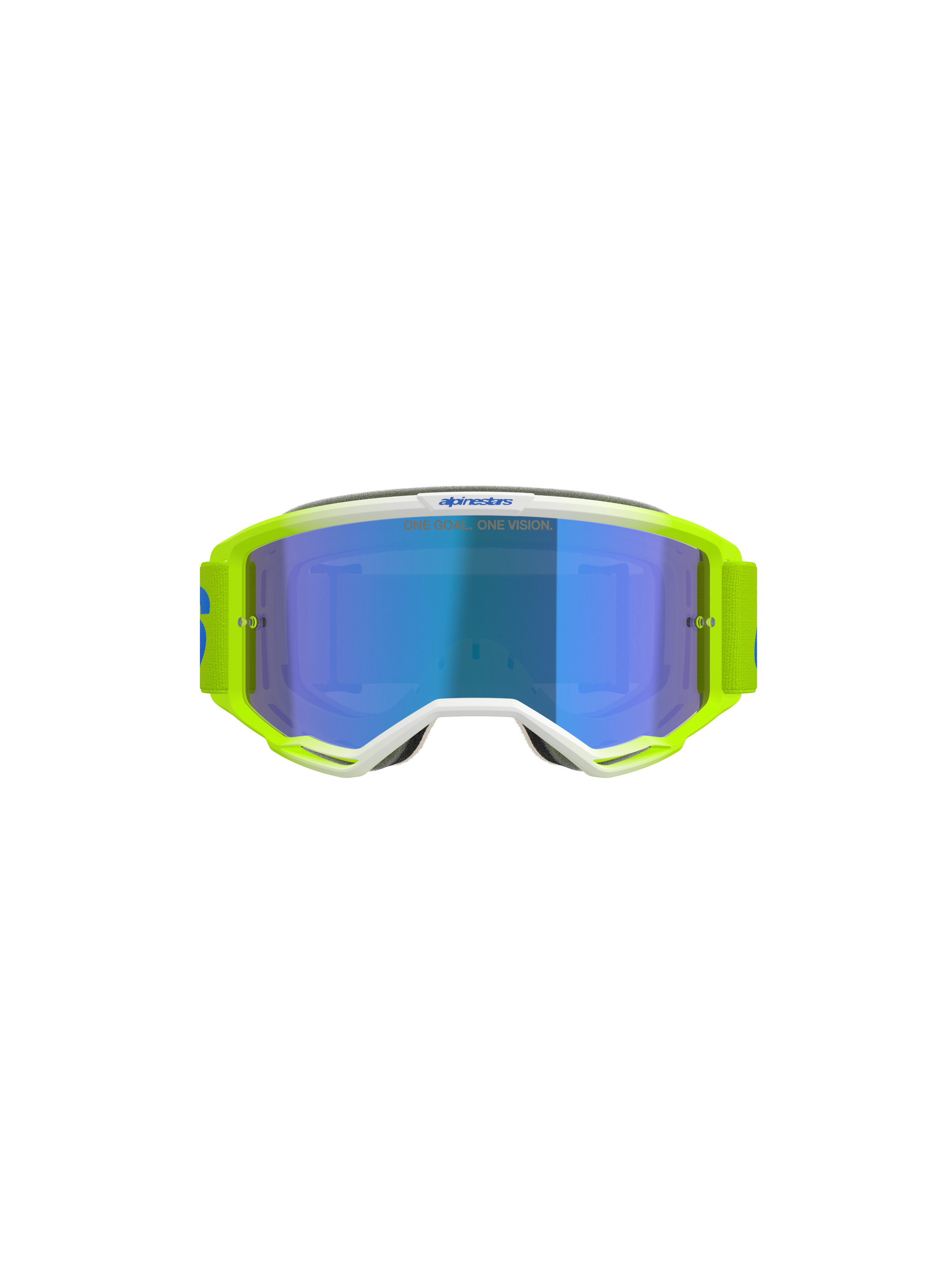 Alpinestars Vision 5 Blaze Goggles, motocrossglasögon, neongula och blå, med en blå spegellins, vita ramdetaljer och ett brett justerbart band med Alpinestars-logotyp, professionellt ögonskydd för terräng- och motocross-racing