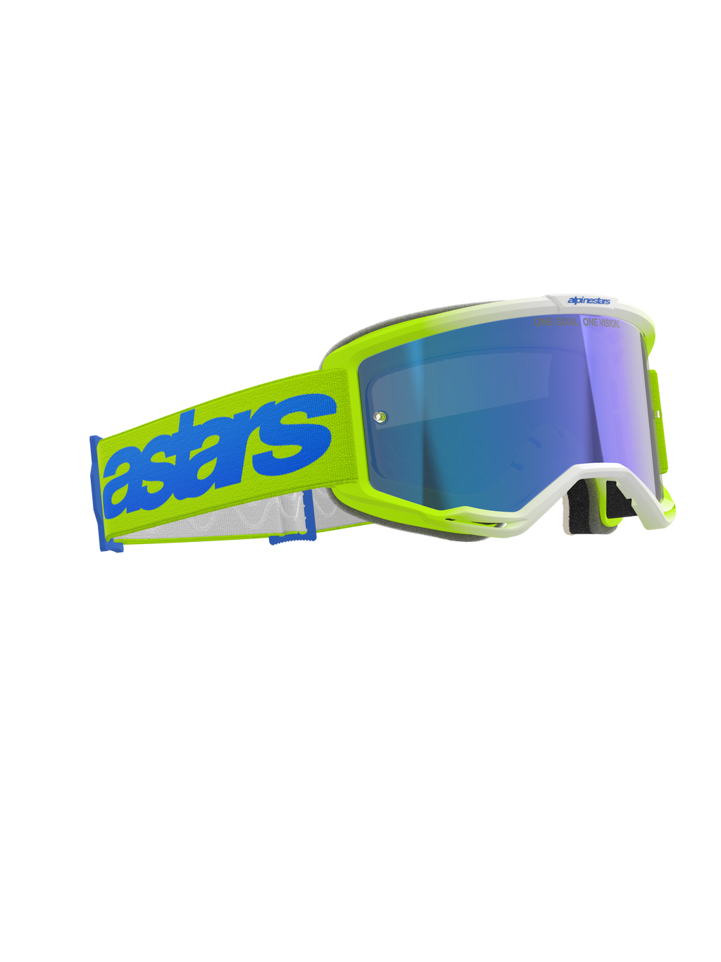 Alpinestars Vision 5 Blaze Goggles, motocrossglasögon, fluogul och blå, blå spegellins, brett gult vävt band med framträdande blå 'astars'-logotyp, professionell skyddsutrustning för terrängkörning