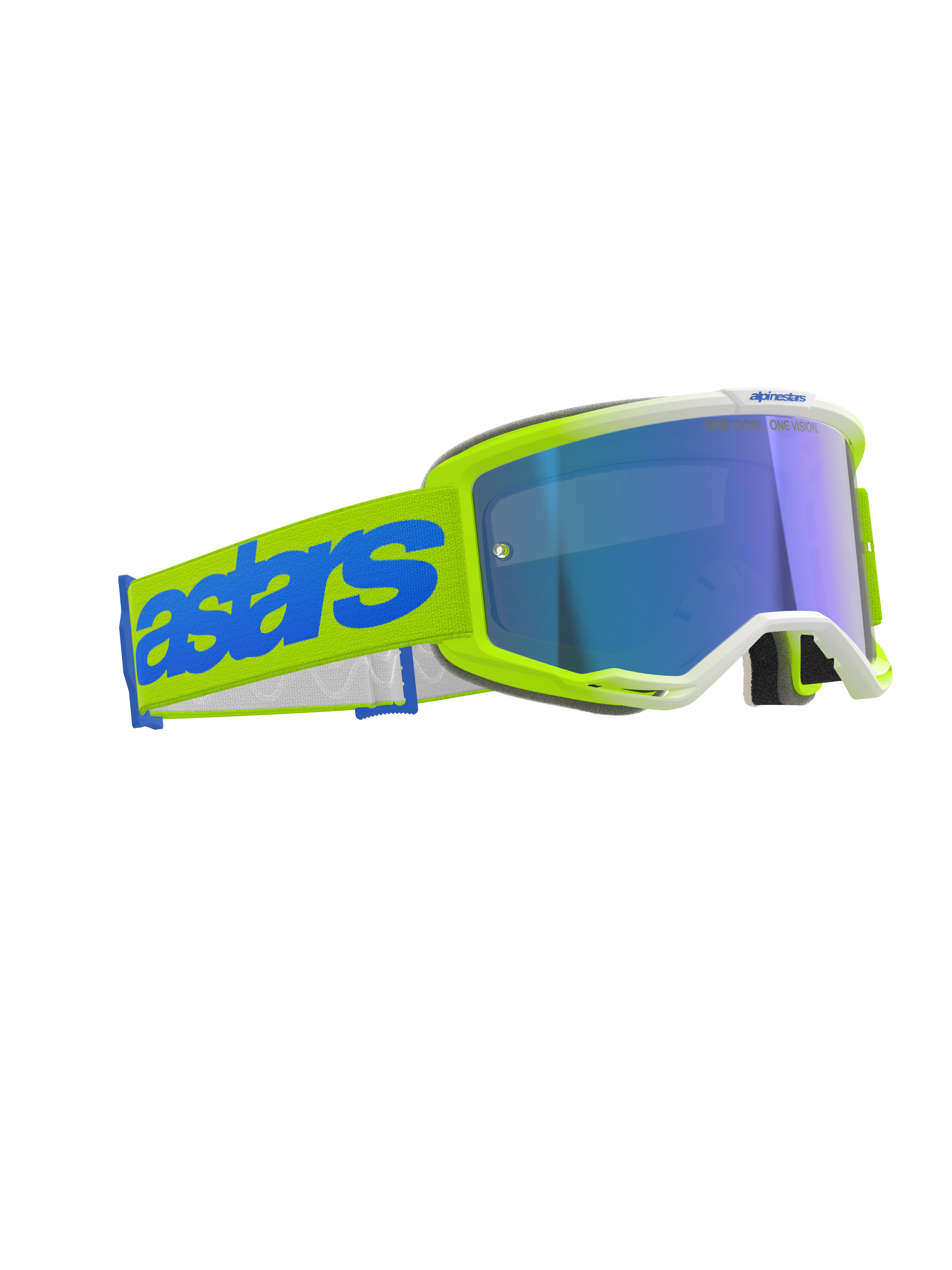 Alpinestars Vision 5 Blaze Goggles, motocrossglasögon, fluogul och blå, blå spegellins, brett gult vävt band med framträdande blå 'astars'-logotyp, professionell skyddsutrustning för terrängkörning