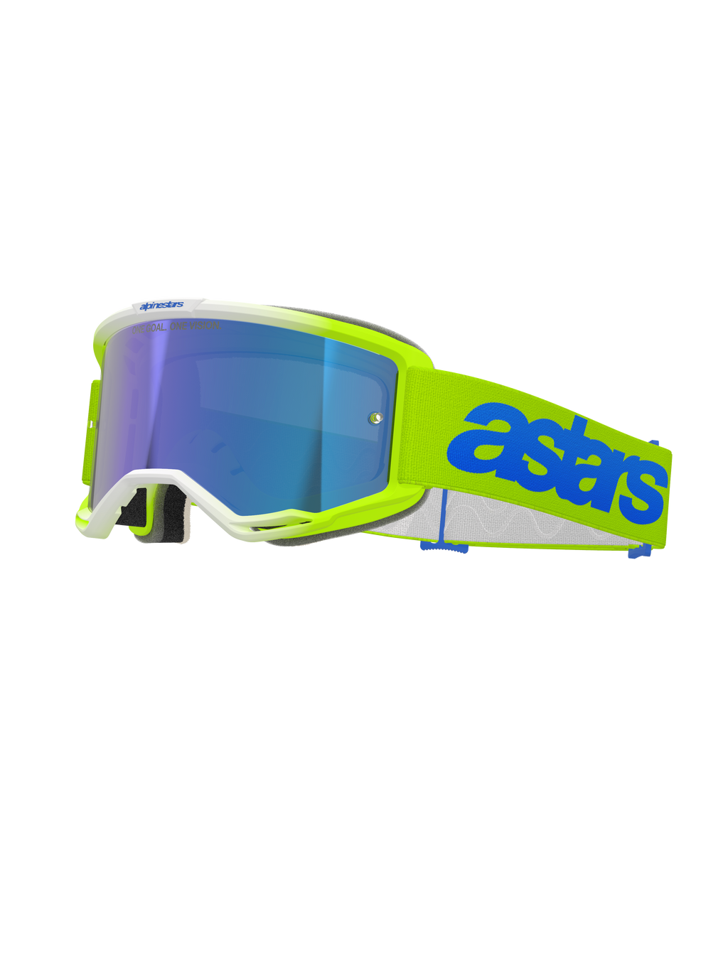 Alpinestars Vision 5 Blaze skyddsglasögon, motocrossglasögon, neongula och blå, med blå spegellins, neongul ram med vita detaljer, justerbart band med framträdande blå Astars-logotyp, högpresterande ögonskydd för terrängkörning
