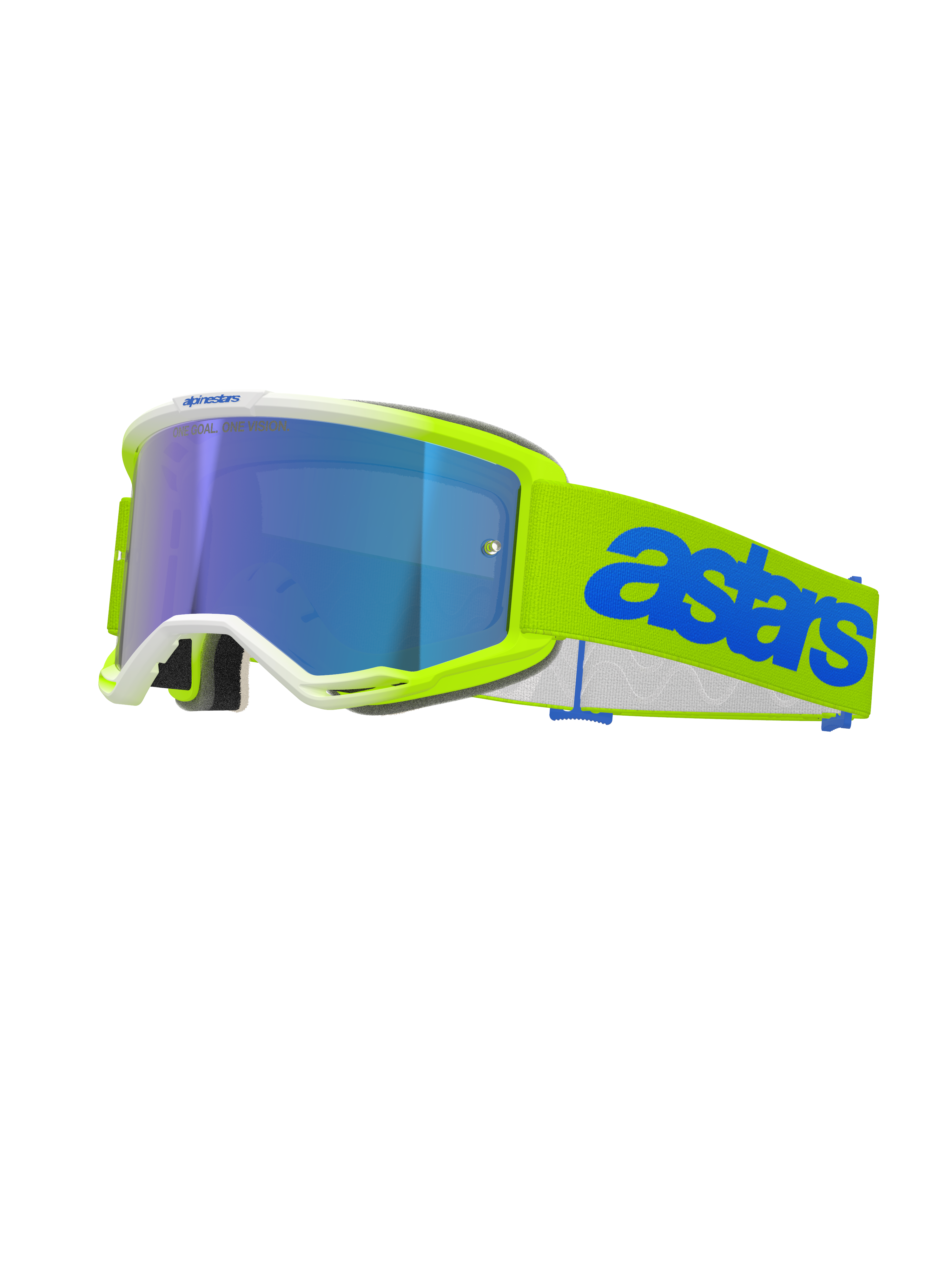 Alpinestars Vision 5 Blaze skyddsglasögon, motocrossglasögon, neongula och blå, med blå spegellins, neongul ram med vita detaljer, justerbart band med framträdande blå Astars-logotyp, högpresterande ögonskydd för terrängkörning