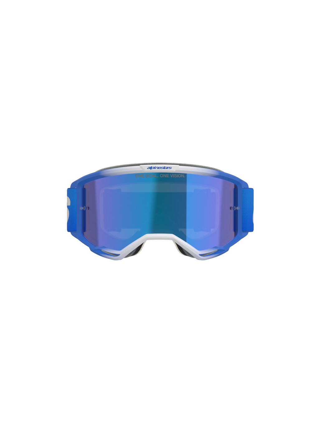 Alpinestars Vision 5 Blaze Goggles, Motocross Goggles, Blue Mirror Blue, front view featuring blue and white A-FLEX frame with blue mirror lens and blue woven strap, professional off-road eye protection