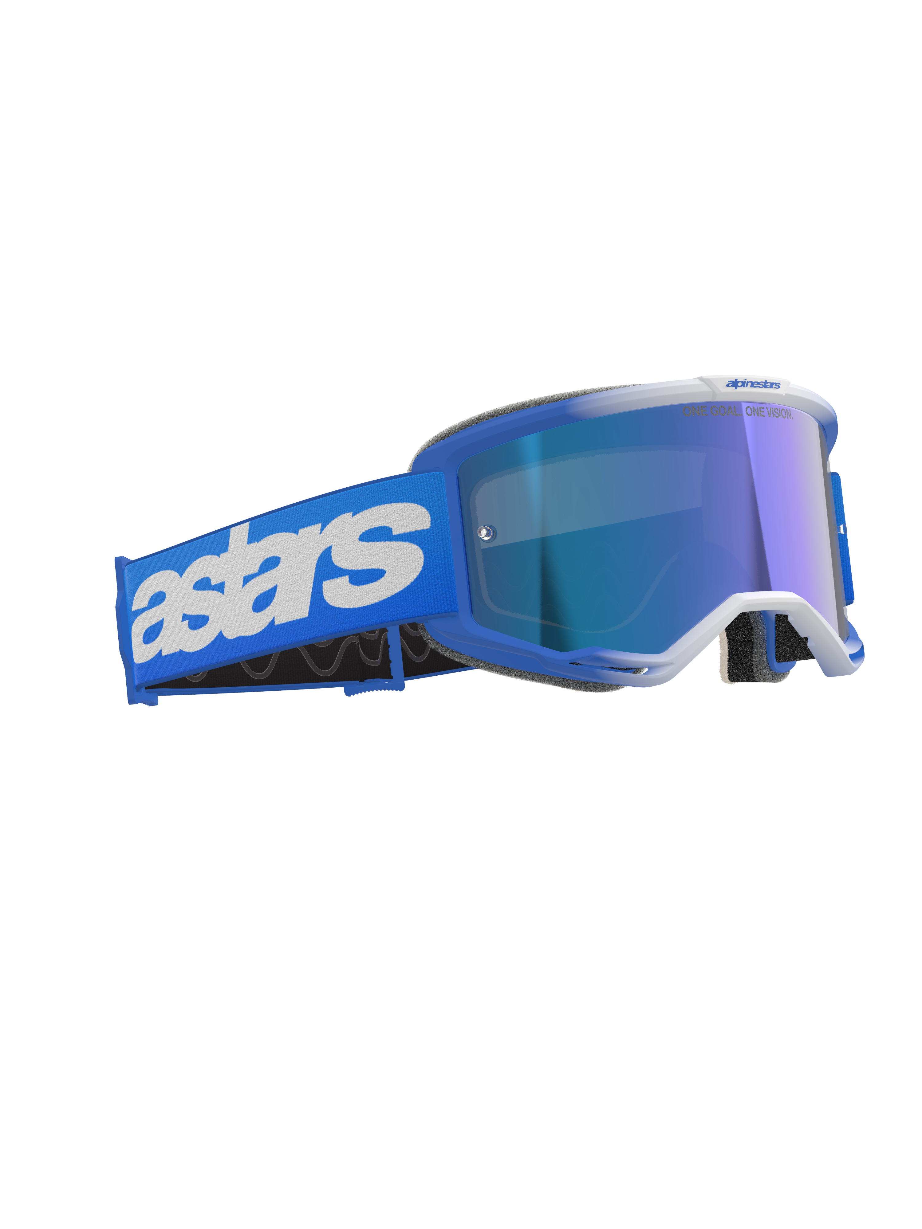Alpinestars Vision 5 Blaze Goggles, Motocross Goggles, Blue Mirror Blue, featuring a blue frame and mirrored lens, wide blue strap with white Astars branding, performance off-road protective eyewear