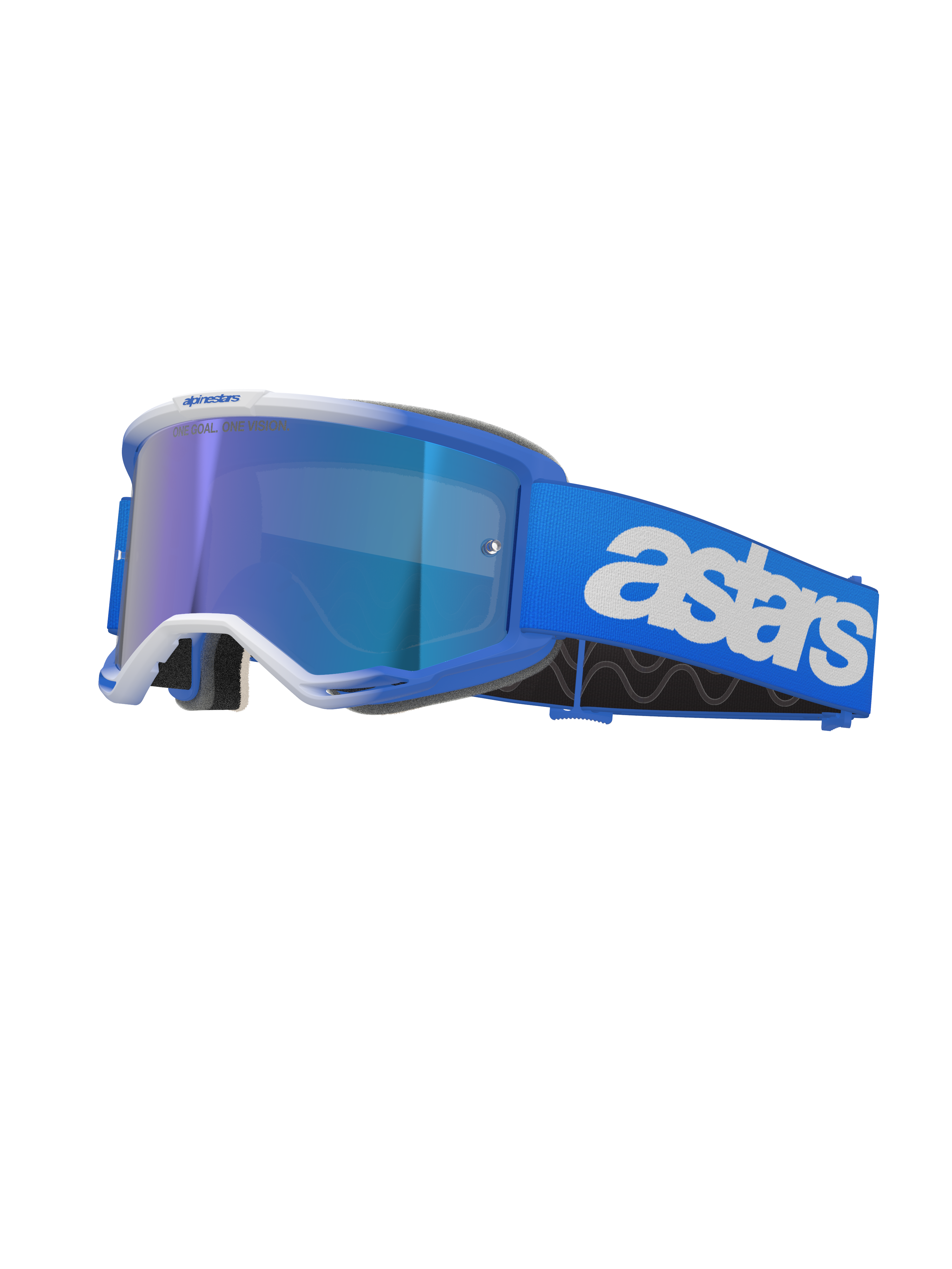 Alpinestars Vision 5 Blaze skyddsglasögon, motocrossglasögon, blå och vita, med reflekterande blå spegellins, brett blått band med tydlig vit astars-logotyp, böjd ram med vita detaljer, tjock svart skumvaddering, professionella skyddsglasögon för terrängkörning
