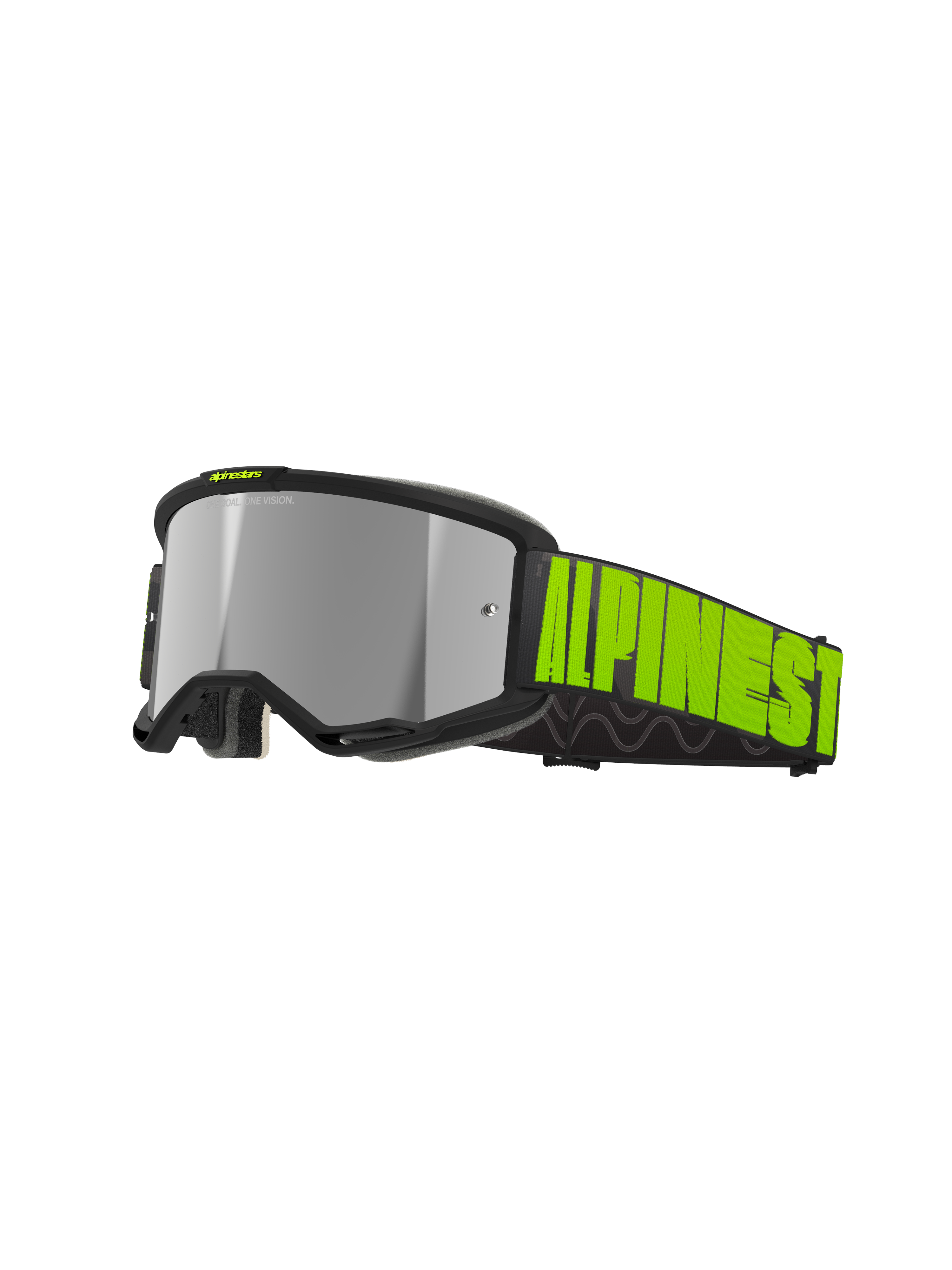 Alpinestars Vision 5 Hollow Goggles, motocross- och terrängglasögon, kolgrå och neongul, silverreflekterande spegellins med svart ram, bred svart rem med framträdande neongul logotyp och invändigt silikongrepp, ventilationsöppningar och mjukt ansiktsskum