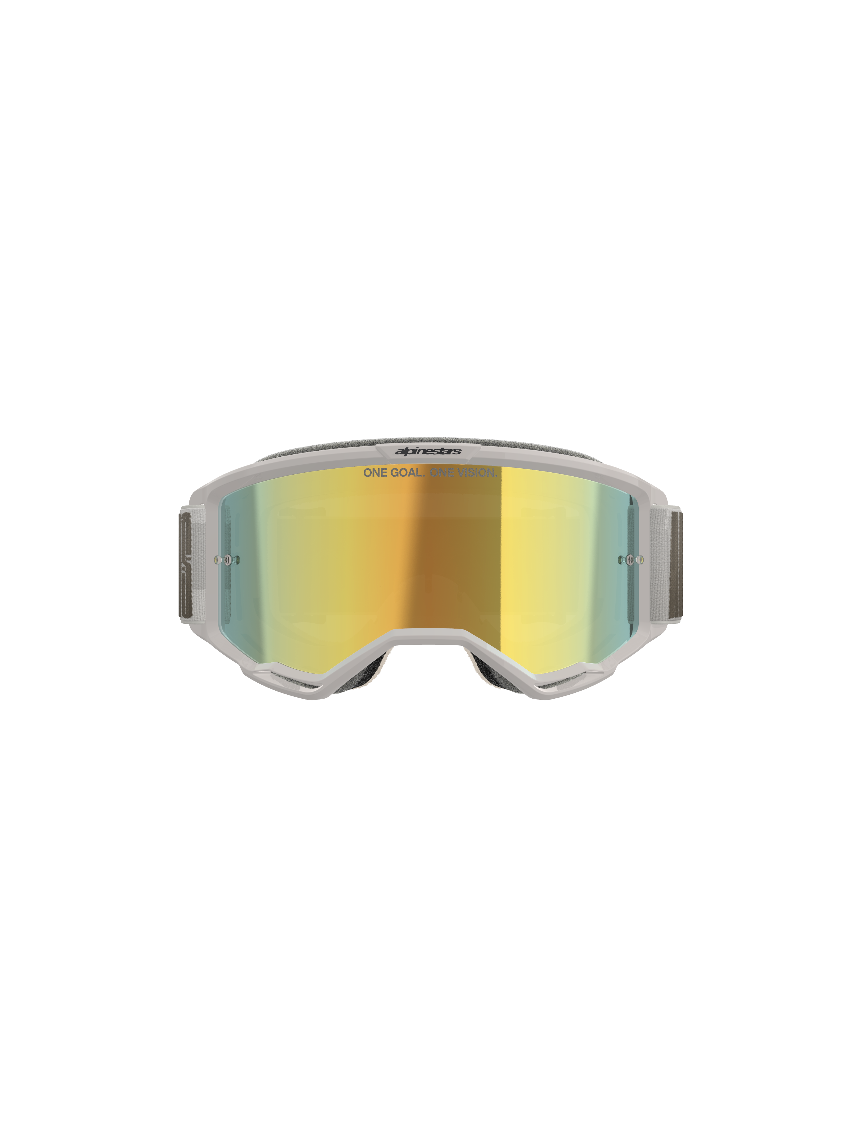 Alpinestars Vision 5 Hollow Goggles, Motocross Goggles, White and Wind Mirror Gold, front view showing mirrored polycarbonate lens, light grey flexible frame and strap, premium eye protection for motocross and off-road riding