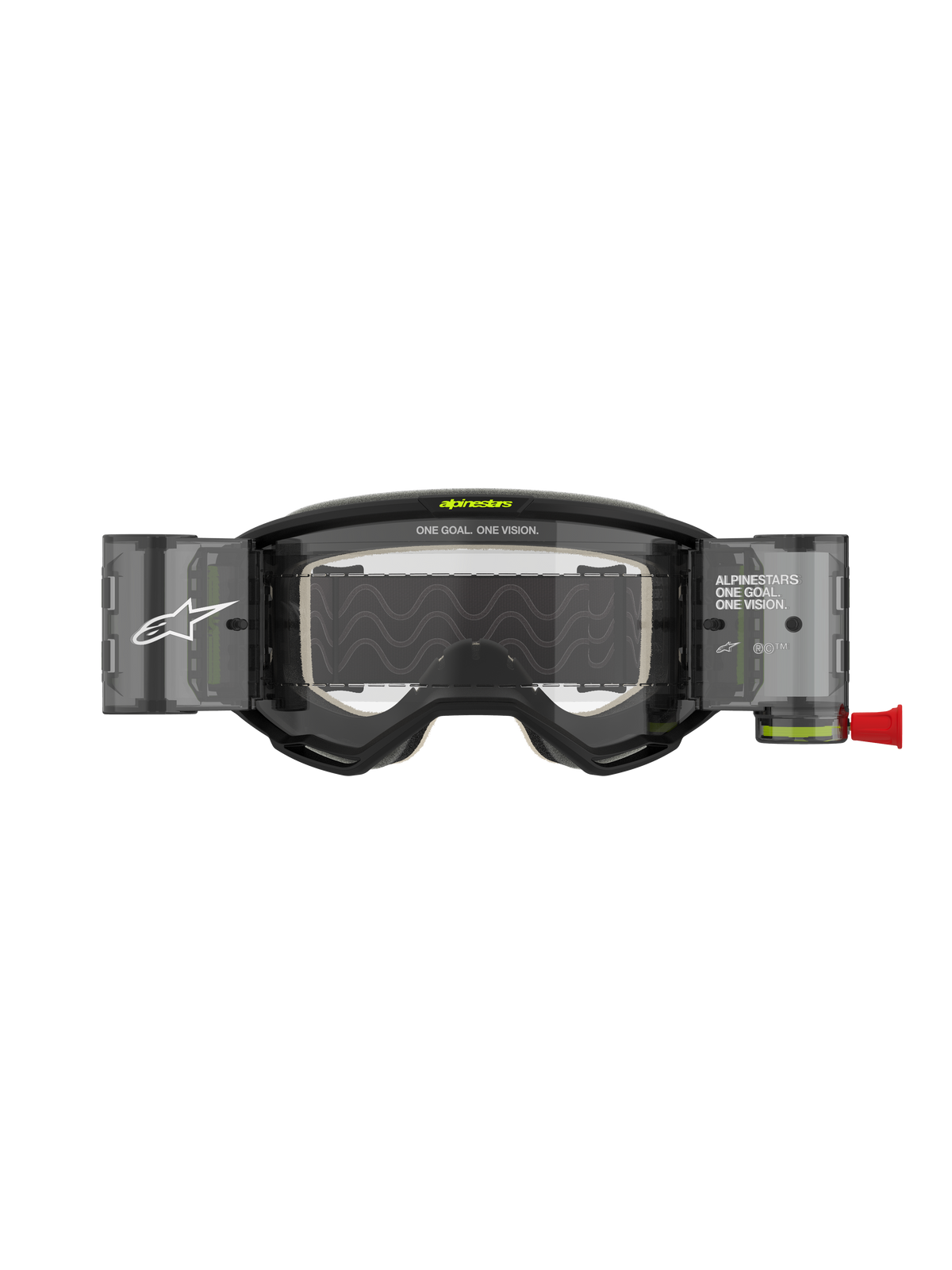 Alpinestars Vision 5 Hollow Goggles Roll Off, Motocross Goggles, Charcoal and Fluo Yellow, featuring a clear roll-off lens system with translucent canisters, red pull tab, white branding and "ONE GOAL. ONE VISION." text, designed for off-road racing
