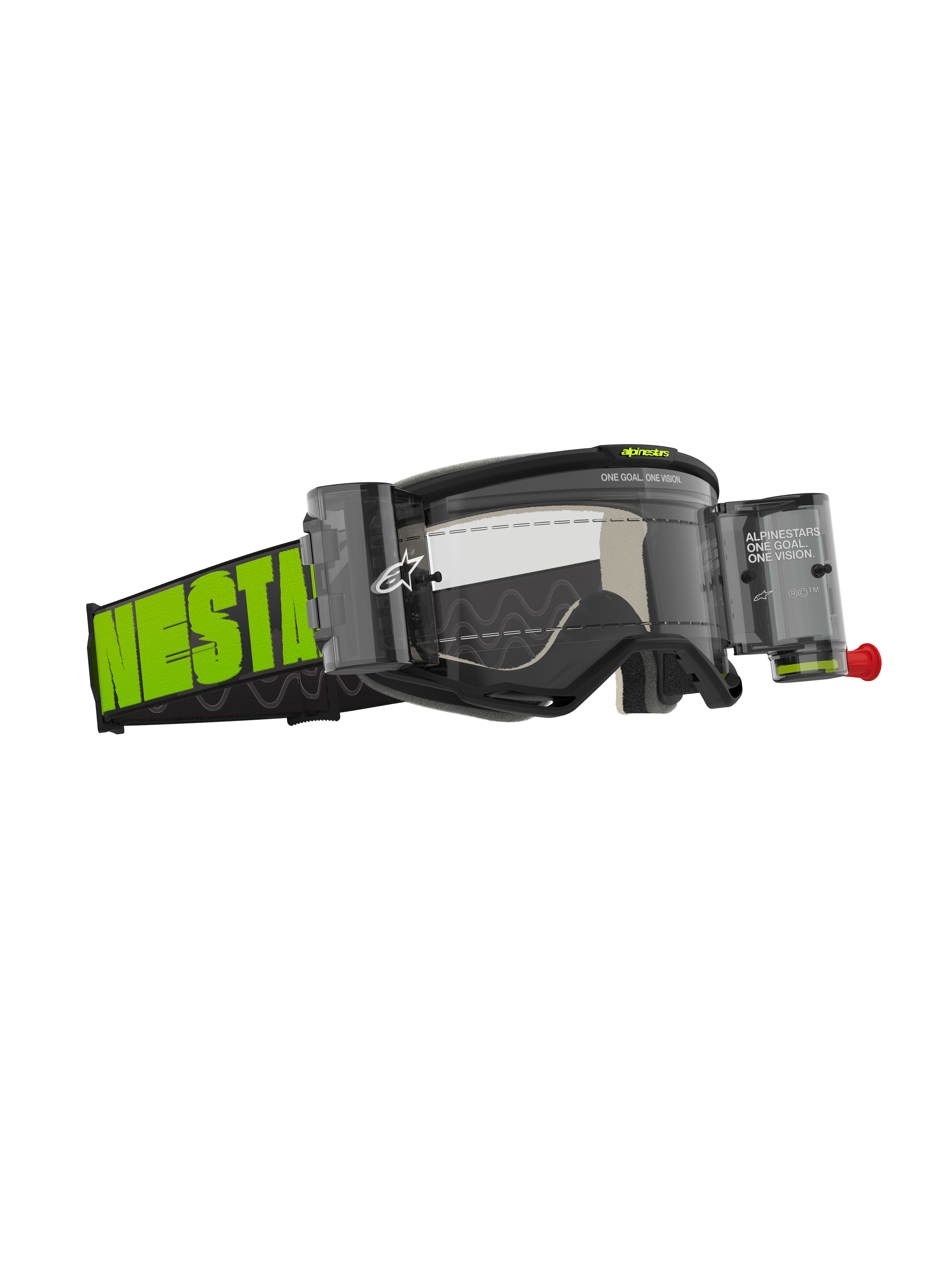 Alpinestars Vision 5 Hollow Goggles Roll Off, Motocross Goggles, Charcoal and Fluo Yellow, clear lens with integrated roll-off canisters, wide woven strap with bold neon green branding, A-FLEX frame and multi-layer face foam for off-road performance.