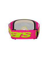 Alpinestars Vision 5 Wordmark Goggles, Motocross Goggles, Pink and Fluo Yellow, rear view highlighting the wide pink woven strap with yellow Alpinestars wordmark, multi-layer face foam, and lightweight urethane frame.