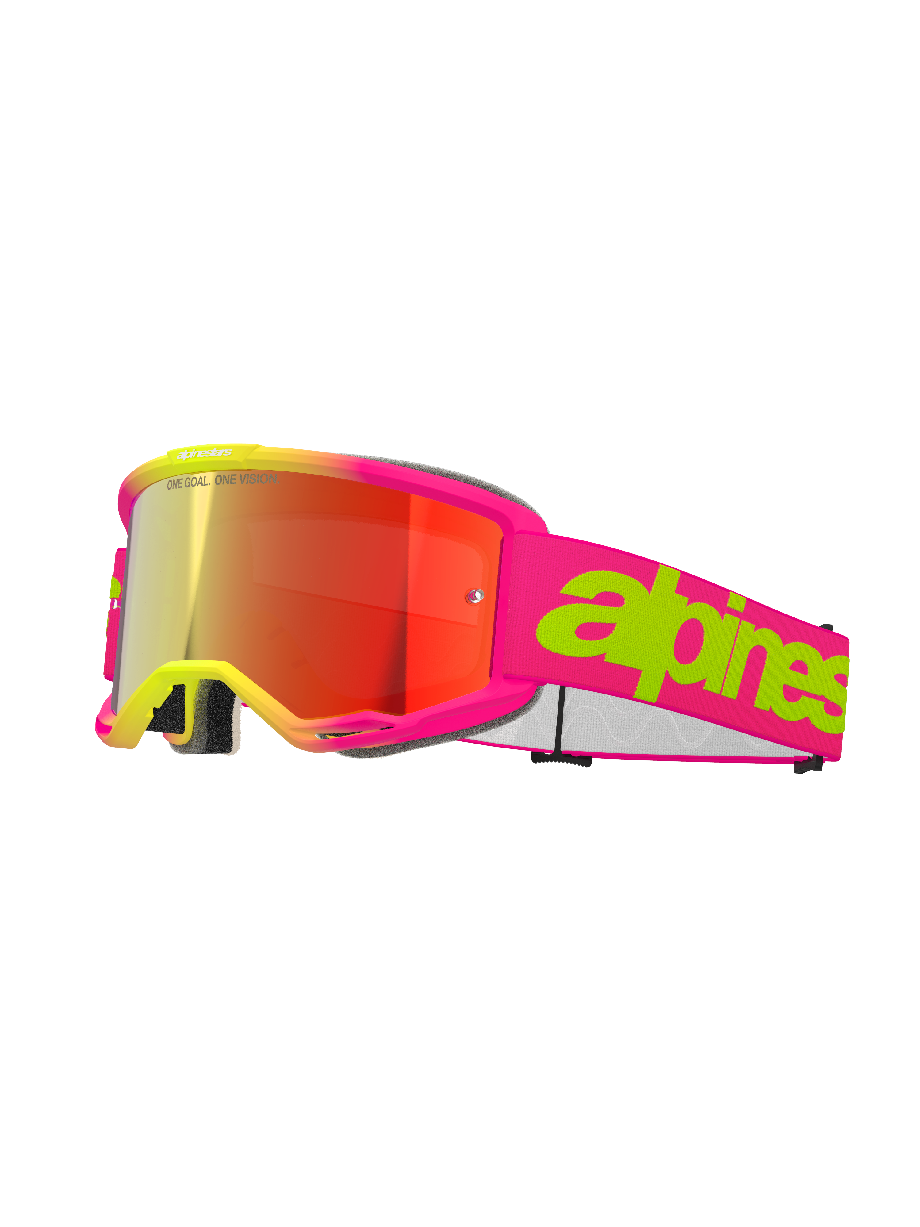 Alpinestars Vision 5 Wordmark goggles, motocrossglasögon, neonrosa och gul, röd spegellins, bred rosa rem med limegrön textlogotyp, sportig design för terrängkörning