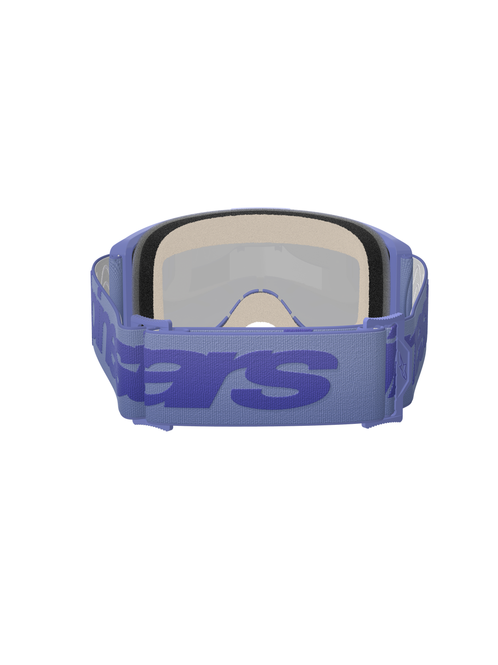 Alpinestars Vision 5 Wordmark Goggles, motocrossglasögon, Purple Mirror Blue, baksida som visar tjockt flerskiktat ansiktsskum och justerbart lila band med stor blå wordmark-logotyp, högpresterande skyddsglasögon för terrängkörning