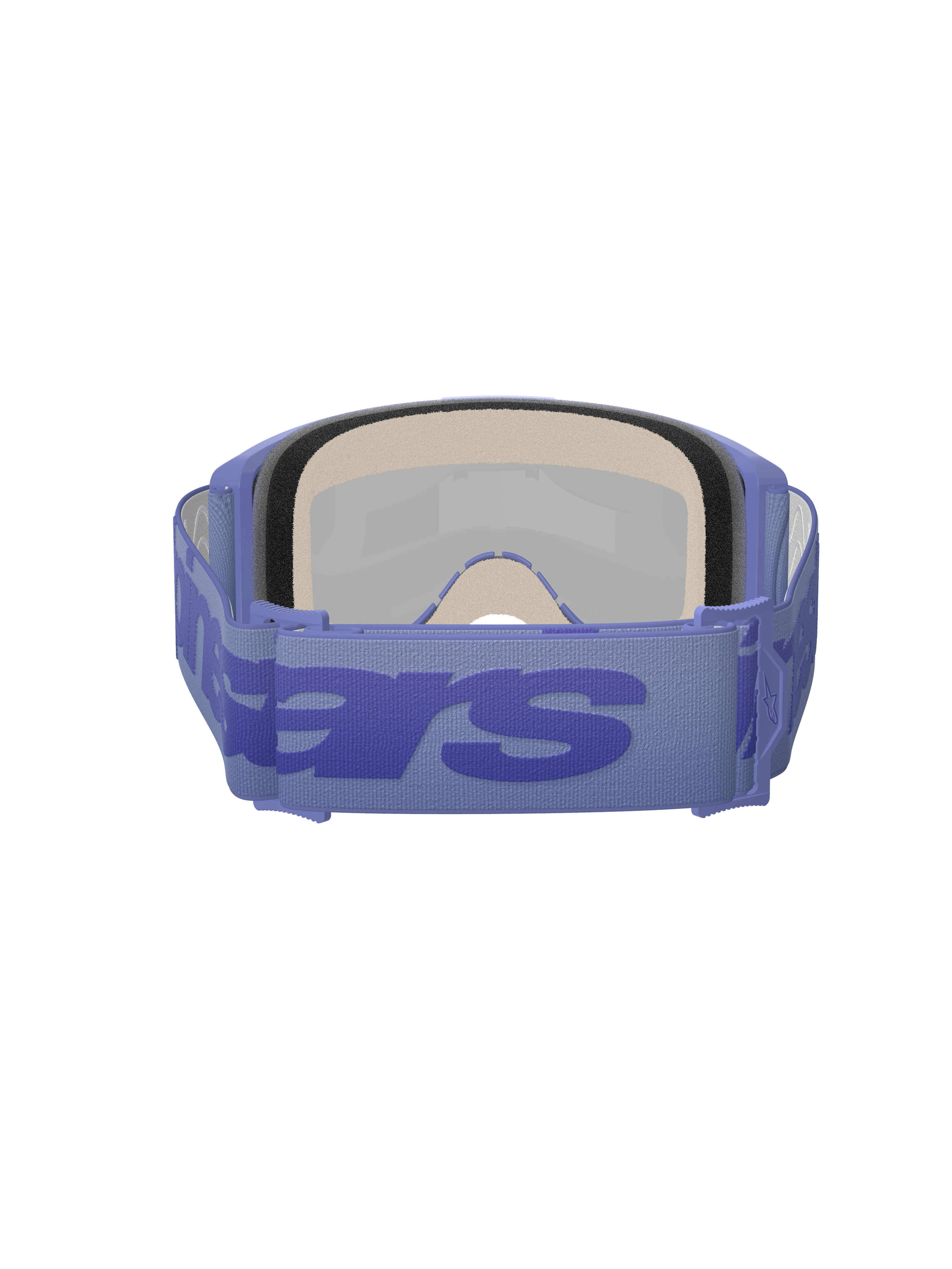 Alpinestars Vision 5 Wordmark Goggles, motocrossglasögon, Purple Mirror Blue, baksida som visar tjockt flerskiktat ansiktsskum och justerbart lila band med stor blå wordmark-logotyp, högpresterande skyddsglasögon för terrängkörning