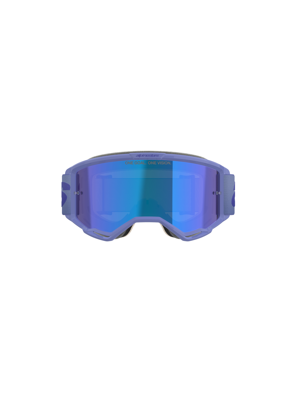 Alpinestars Vision 5 Wordmark Goggles, motocrossglasögon, lila med blå spegellins, vy framifrån med brett synfält, justerbar rem och tydlig logotyp