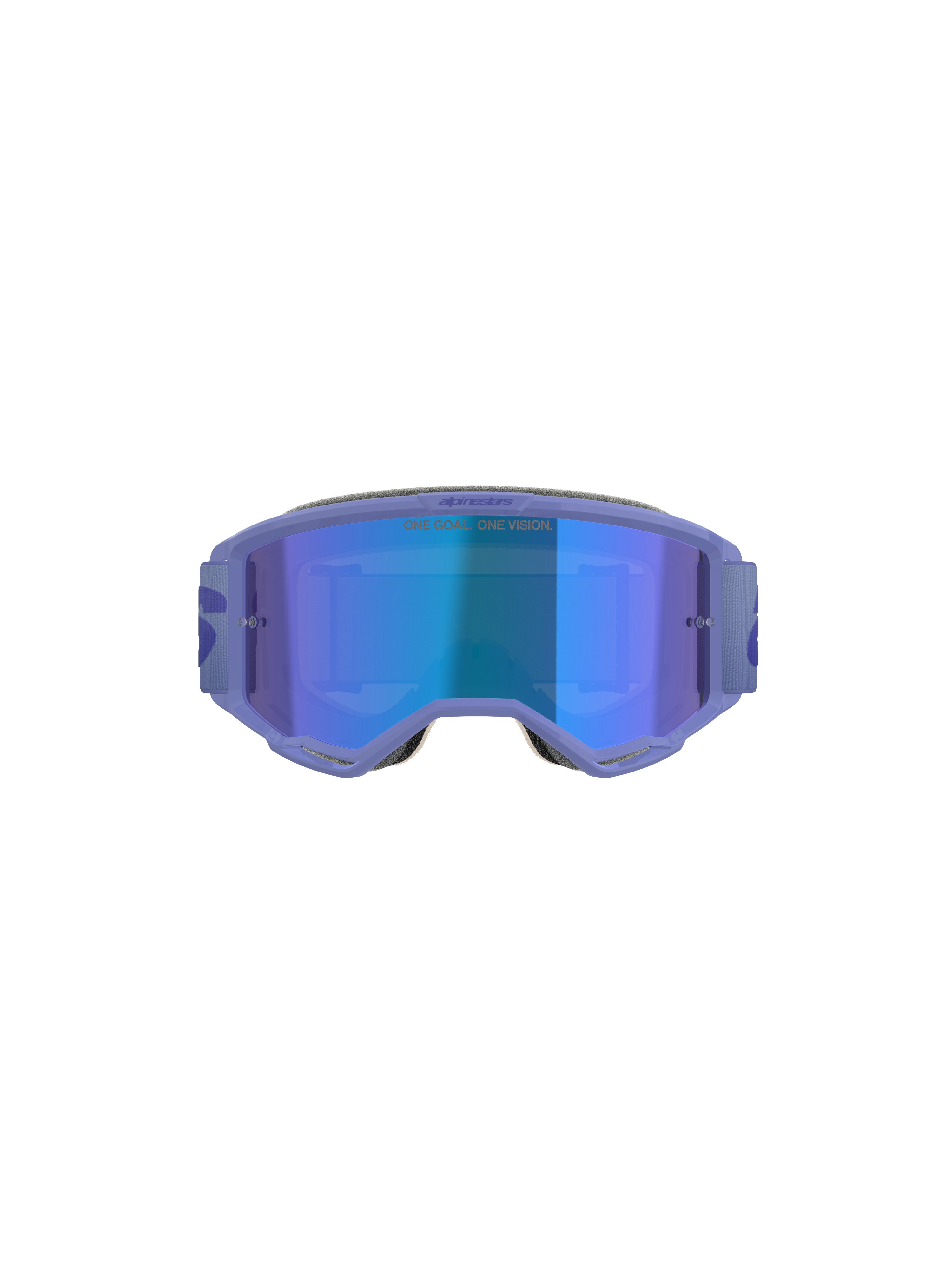 Alpinestars Vision 5 Wordmark Goggles, motocrossglasögon, lila med blå spegellins, vy framifrån med brett synfält, justerbar rem och tydlig logotyp