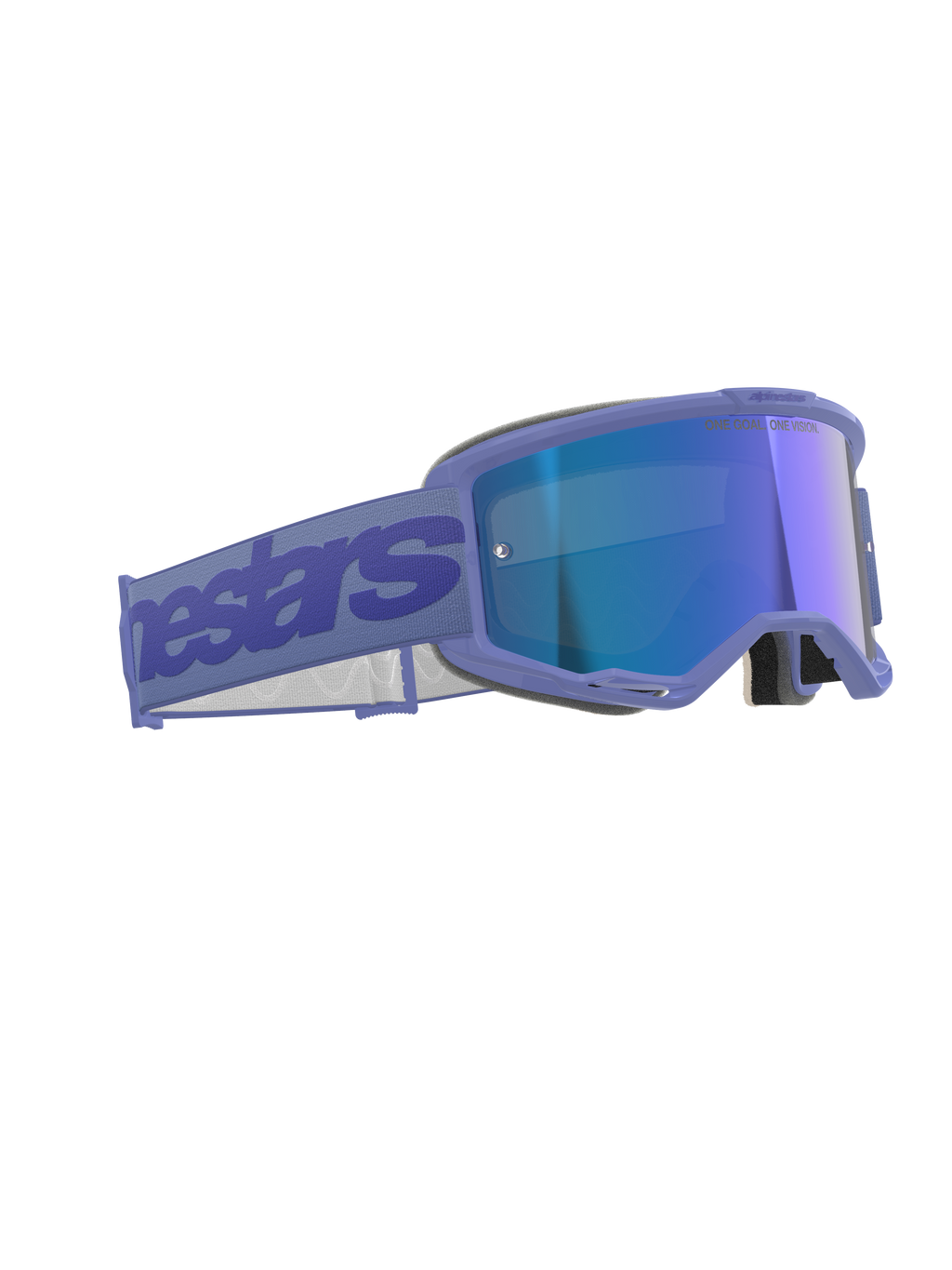 Alpinestars Vision 5 Wordmark Goggles, motocrossglasögon, lila med blå spegelglas, lila ram med reflekterande blå lins, bred lila rem med Alpinestars-logotyp, ergonomisk design för terrängkörning