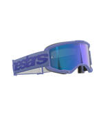 Alpinestars Vision 5 Wordmark Goggles, motocrossglasögon, lila med blå spegelglas, lila ram med reflekterande blå lins, bred lila rem med Alpinestars-logotyp, ergonomisk design för terrängkörning
