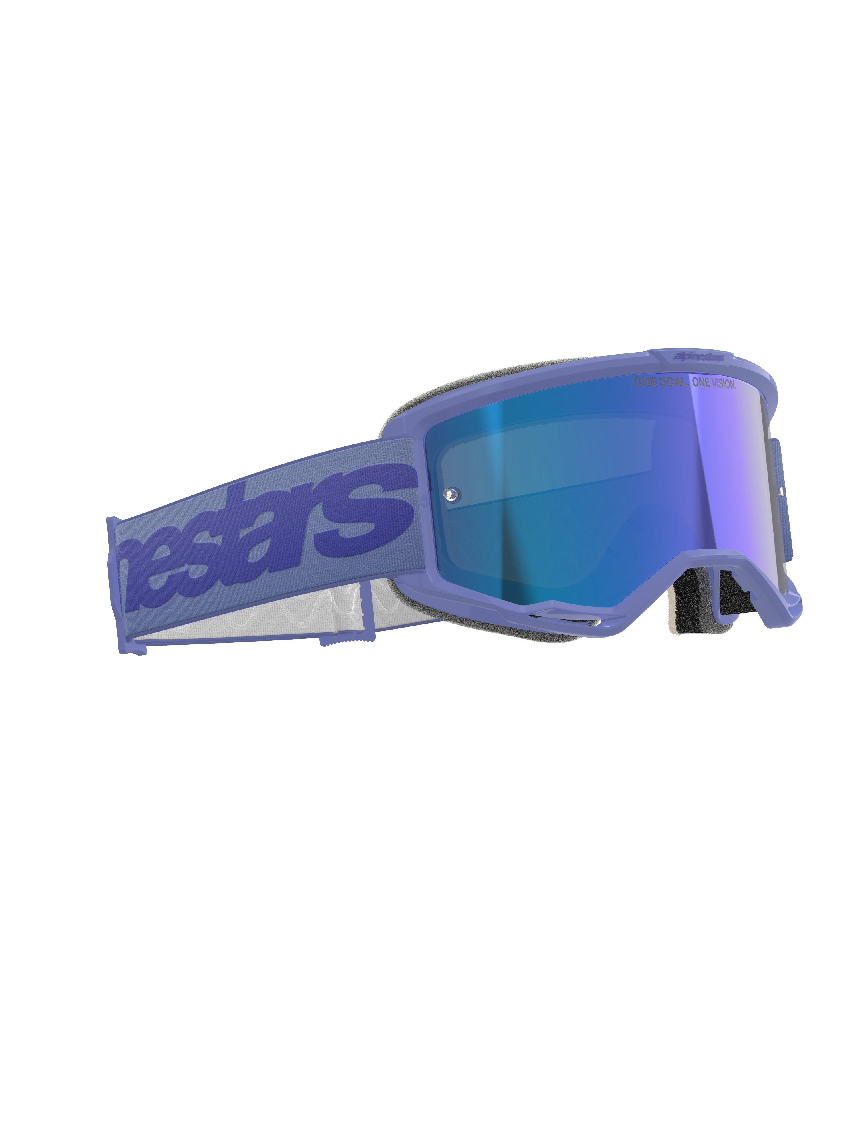 Alpinestars Vision 5 Wordmark Goggles, motocrossglasögon, lila med blå spegelglas, lila ram med reflekterande blå lins, bred lila rem med Alpinestars-logotyp, ergonomisk design för terrängkörning