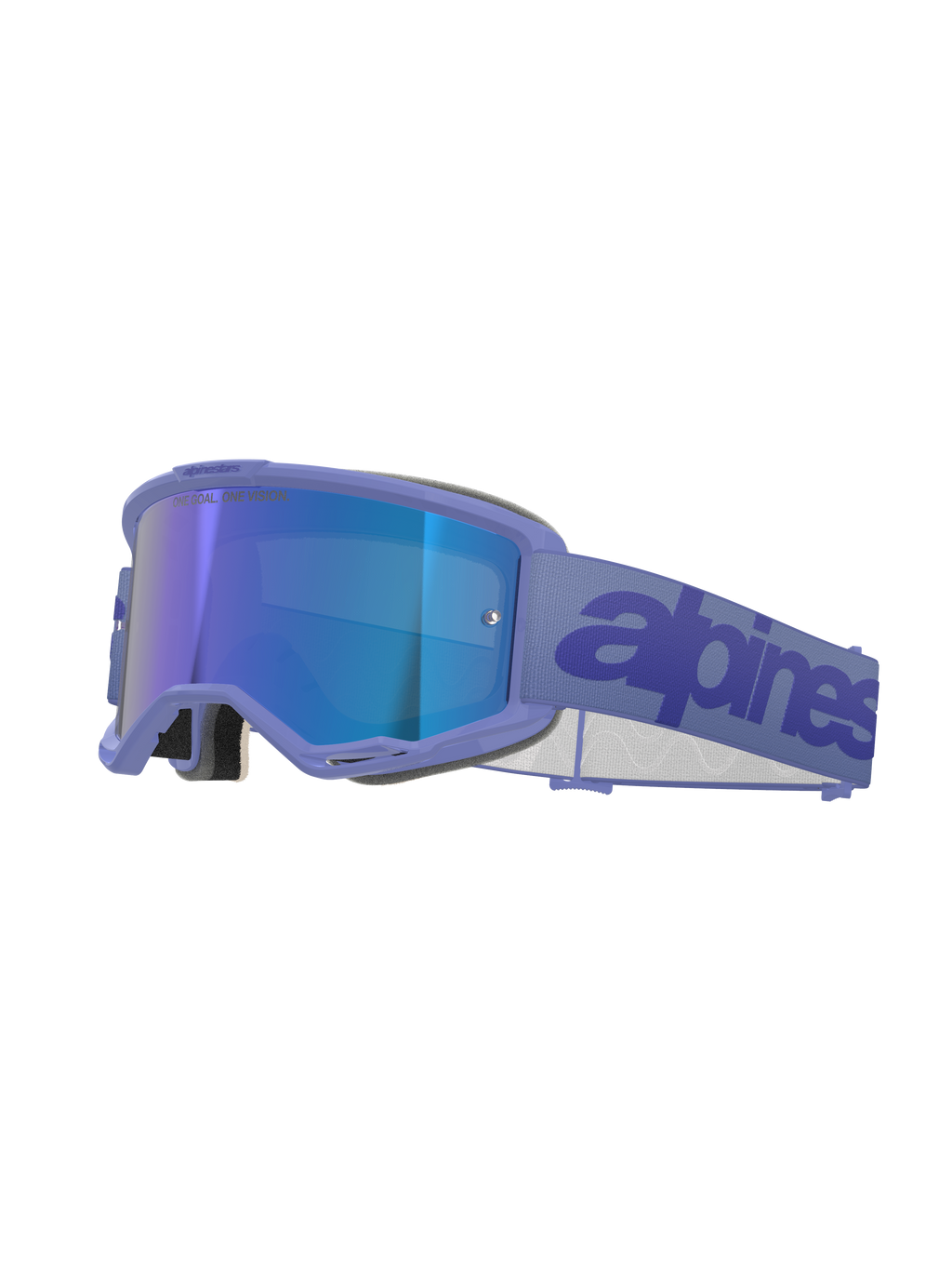 Alpinestars Vision 5 Wordmark Goggles, motocrossglasögon, Purple Mirror Blue, med lila ram och blått spegelglas, bred lila vävd rem med mörkblå textlogotyp, professionellt ögonskydd för terrängkörning