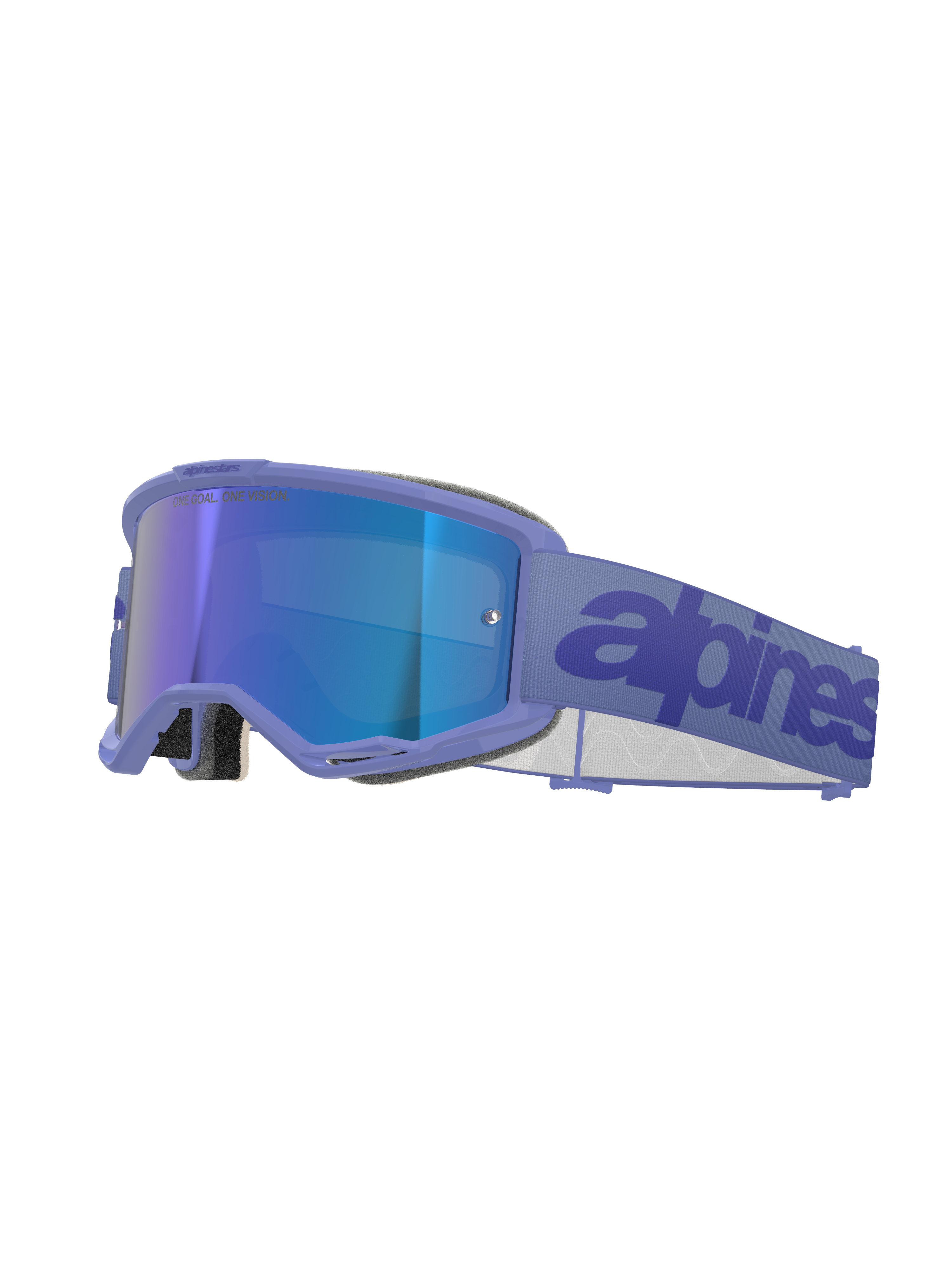 Alpinestars Vision 5 Wordmark Goggles, motocrossglasögon, Purple Mirror Blue, med lila ram och blått spegelglas, bred lila vävd rem med mörkblå textlogotyp, professionellt ögonskydd för terrängkörning