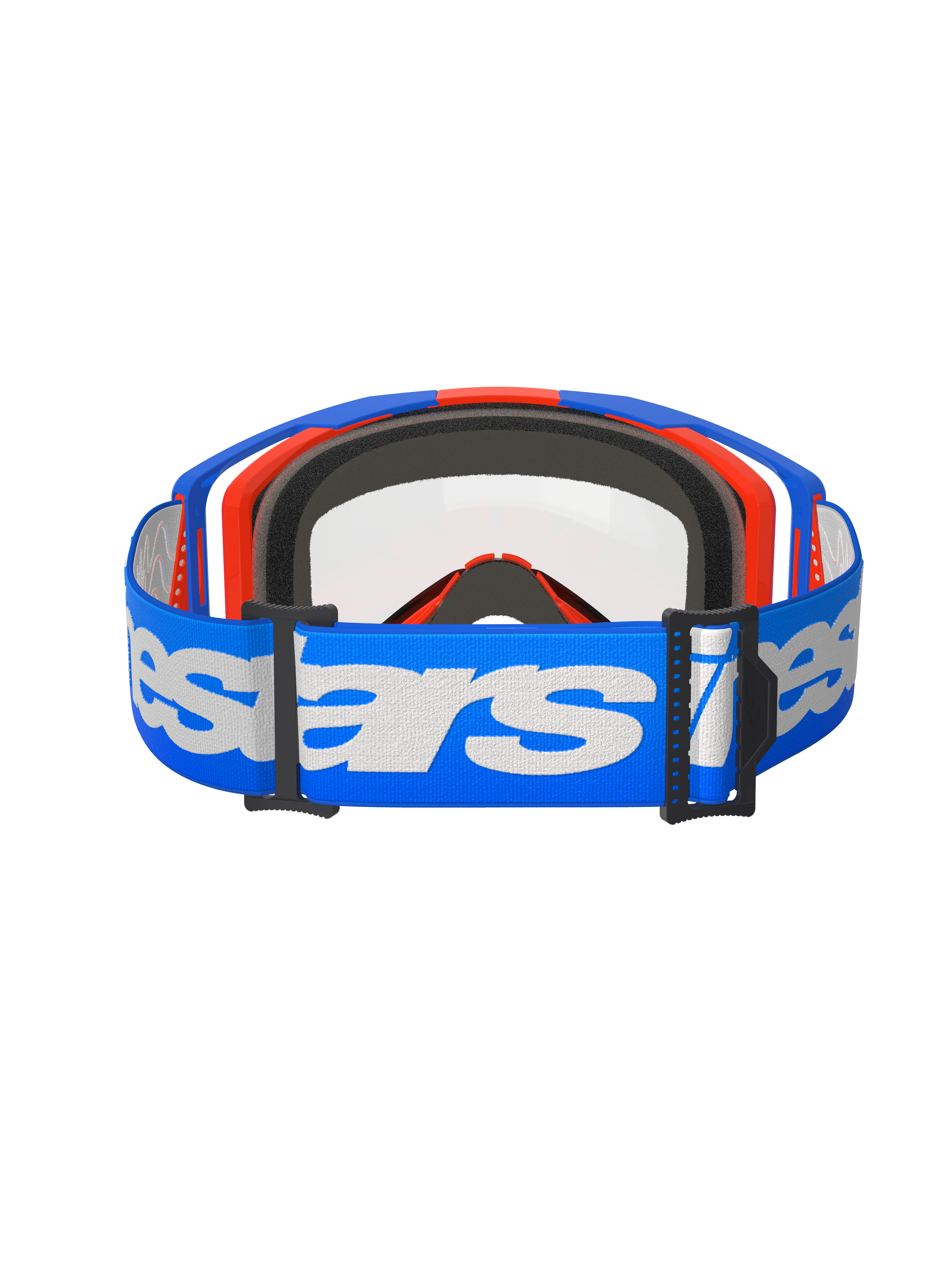 Alpinestars Vision 8 Wordmark Goggles Dubbellins, motocrossglasögon, blå, orange och klar, baksida med ett brett blått band med vit Alpinestars-logotyp, svart flerlagers ansiktsskum och klar dubbellins