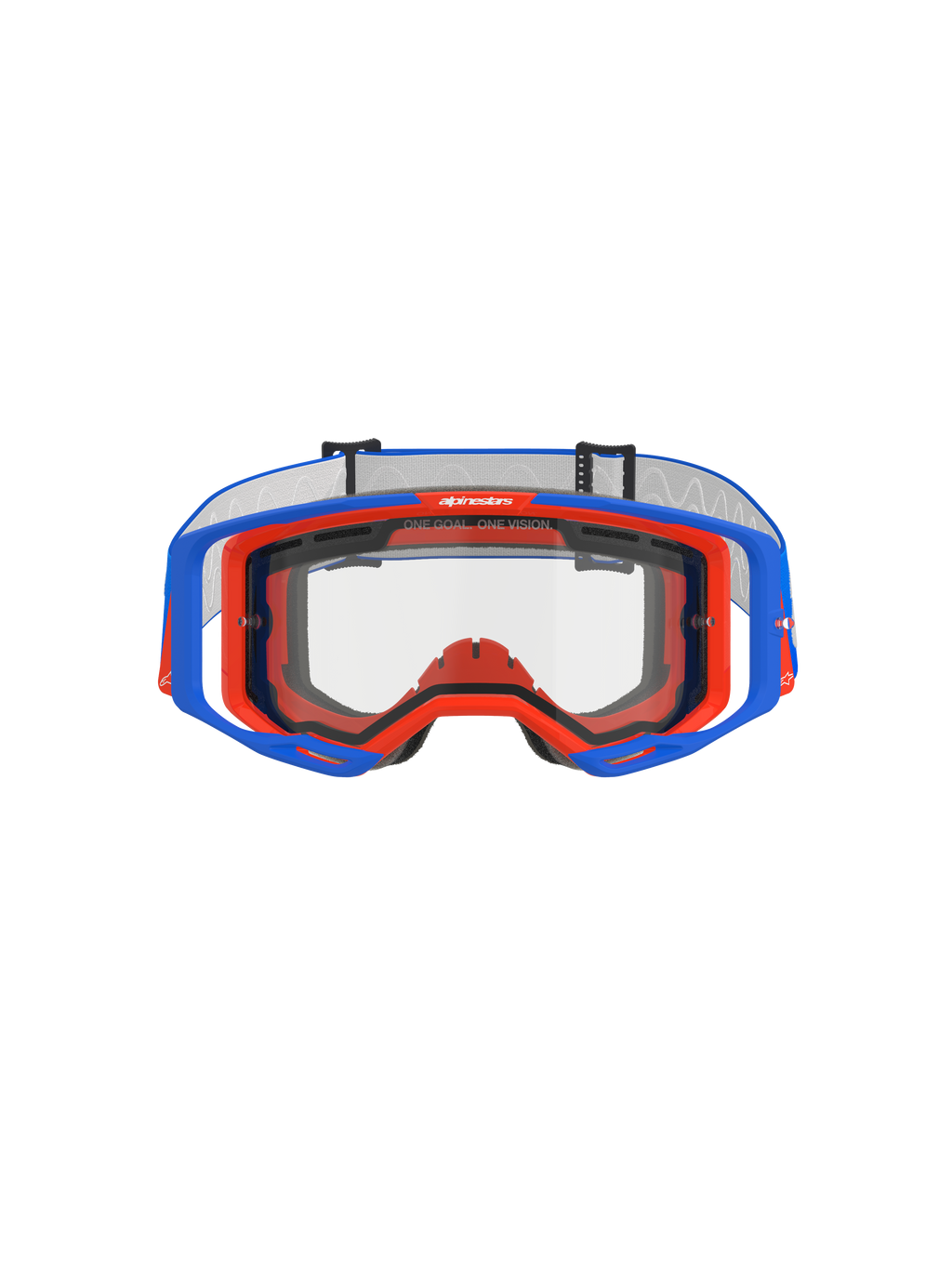 Alpinestars Vision 8 Wordmark Goggles med dubbellins, motocrossglasögon, blå och orange med klar lins, vy framifrån som visar A-FLEX-ramen och dubbellinsen, sloganen "ONE GOAL. ONE VISION." på den övre kanten, högpresterande utrustning för terrängkörning