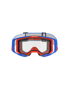 Alpinestars Vision 8 Wordmark Goggles med dubbellins, motocrossglasögon, blå och orange med klar lins, vy framifrån som visar A-FLEX-ramen och dubbellinsen, sloganen "ONE GOAL. ONE VISION." på den övre kanten, högpresterande utrustning för terrängkörning