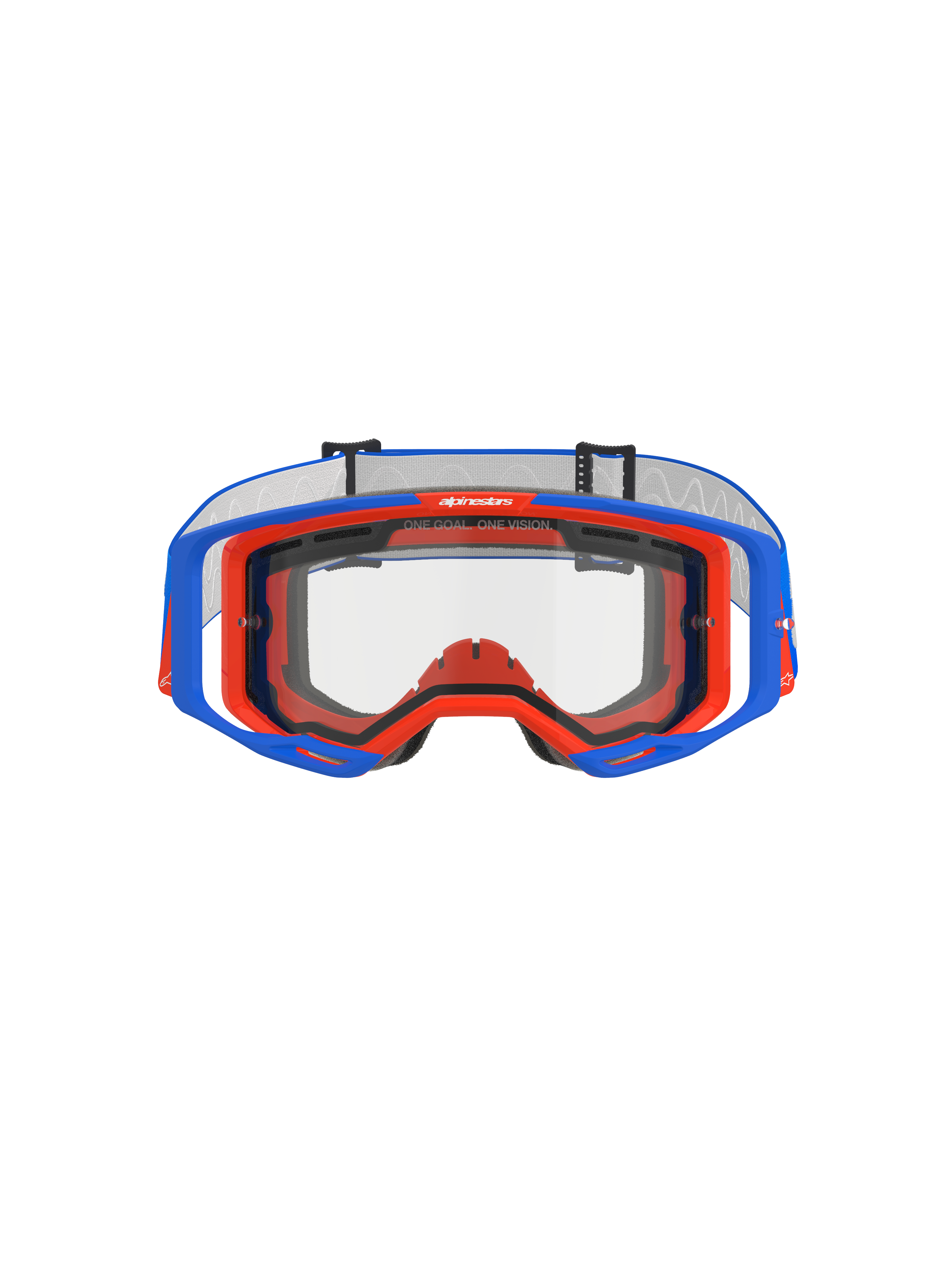 Alpinestars Vision 8 Wordmark Goggles med dubbellins, motocrossglasögon, blå och orange med klar lins, vy framifrån som visar A-FLEX-ramen och dubbellinsen, sloganen "ONE GOAL. ONE VISION." på den övre kanten, högpresterande utrustning för terrängkörning