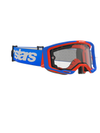 Alpinestars Vision 8 Wordmark Goggles Dual Pane, motocrossglasögon, blå och orange med klar lins, brett blått band med tydlig vit textlogotyp, ergonomisk design för terrängkörning.