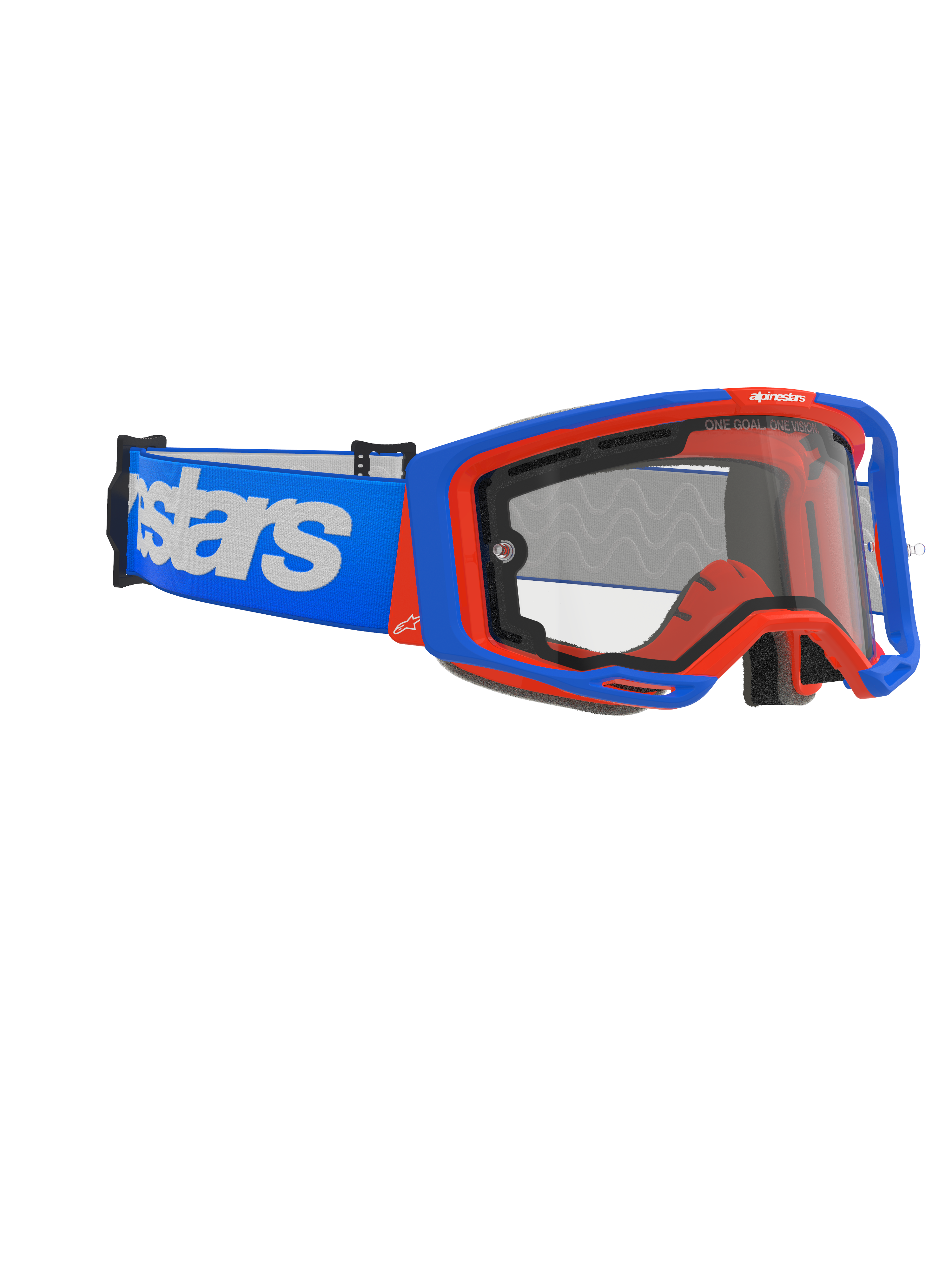 Alpinestars Vision 8 Wordmark Goggles Dual Pane, motocrossglasögon, blå och orange med klar lins, brett blått band med tydlig vit textlogotyp, ergonomisk design för terrängkörning.