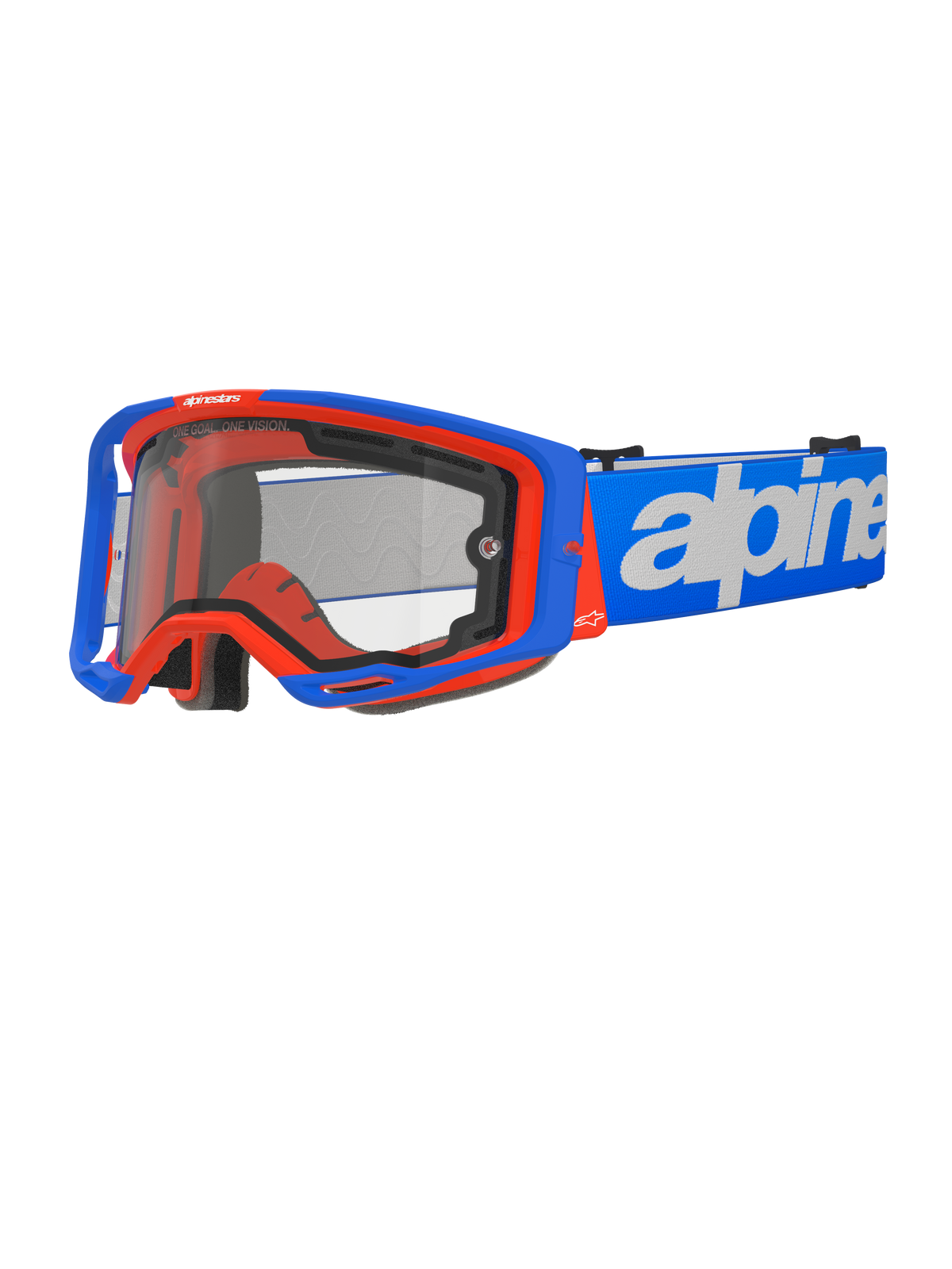 Alpinestars Vision 8 Wordmark-glasögon med dubbellins, motocrossglasögon, blå och orange, klar dubbellins, blå rem med vit textlogotyp, svart skumvaddering, terrängracingutrustning
