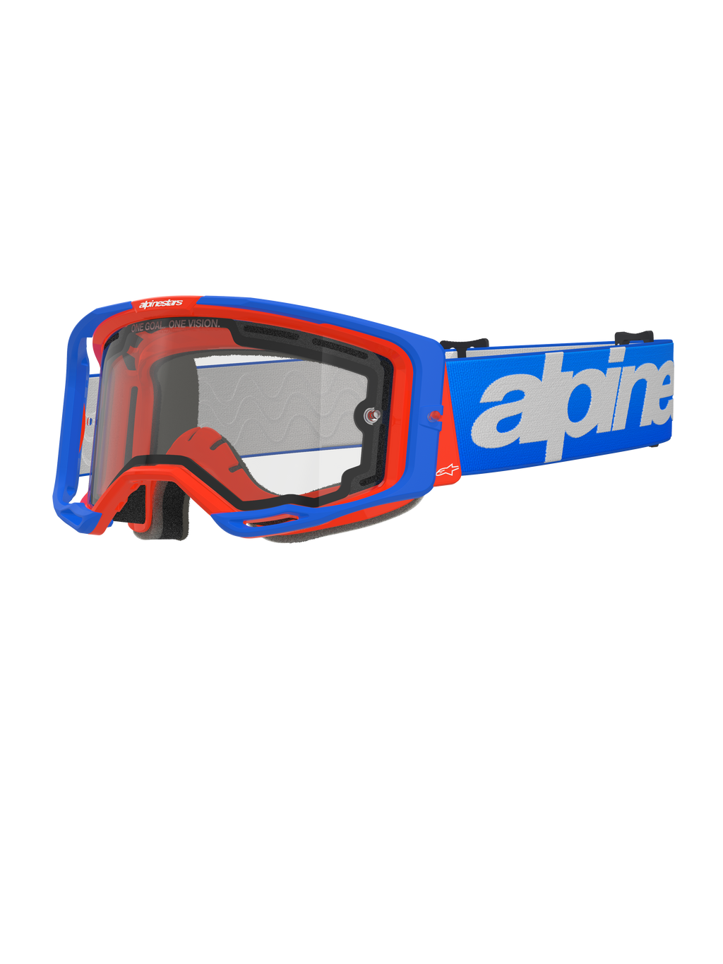 Alpinestars Vision 8 Wordmark-glasögon med dubbellins, motocrossglasögon, blå och orange, klar dubbellins, blå rem med vit textlogotyp, svart skumvaddering, terrängracingutrustning