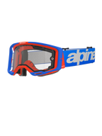 Alpinestars Vision 8 Wordmark-glasögon med dubbellins, motocrossglasögon, blå och orange, klar dubbellins, blå rem med vit textlogotyp, svart skumvaddering, terrängracingutrustning