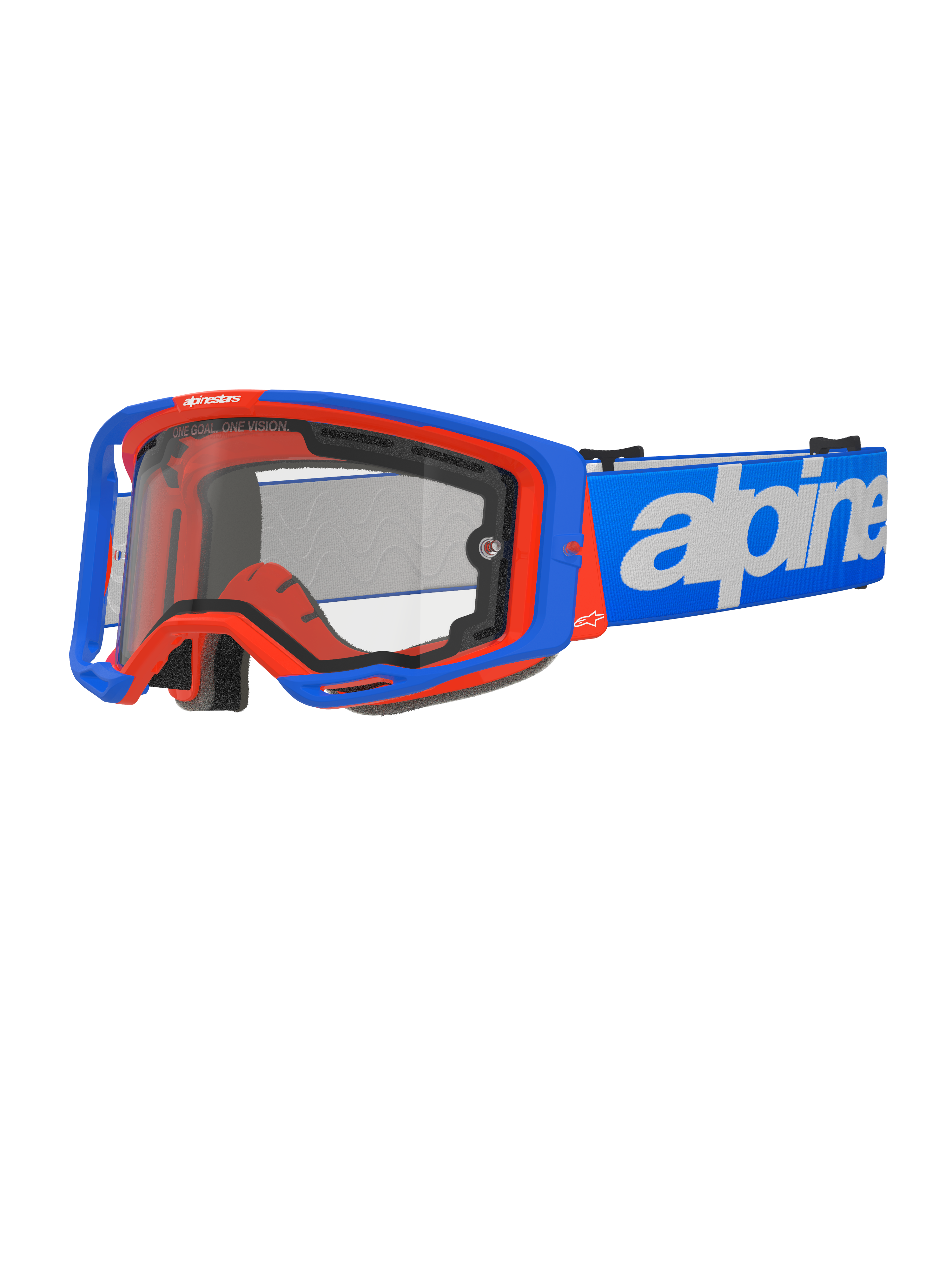 Alpinestars Vision 8 Wordmark-glasögon med dubbellins, motocrossglasögon, blå och orange, klar dubbellins, blå rem med vit textlogotyp, svart skumvaddering, terrängracingutrustning
