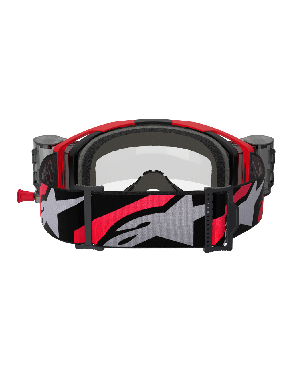 Alpinestars Vision 8 Luar Goggles Roll Off, motocrossglasögon, röd, svart och klar, vy bakifrån med grått ansiktsskum, roll-off-behållare på sidorna och ett brett justerbart band med stor grå Alpinestars-logotyp och röda detaljer.